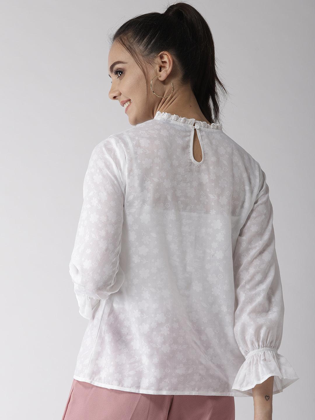 Style Quotient Women Self Design Floral White Cotton Regular Smart Casual Top-Tops-StyleQuotient