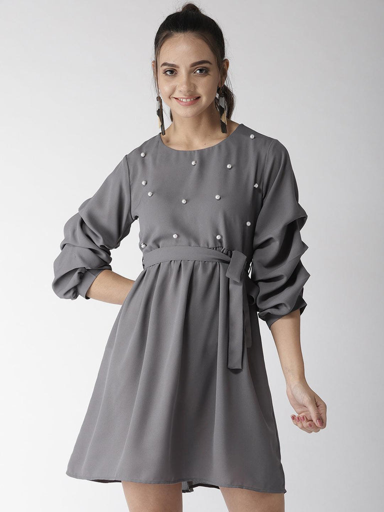 Women Grey Solid A-Line Dress-Dresses-StyleQuotient