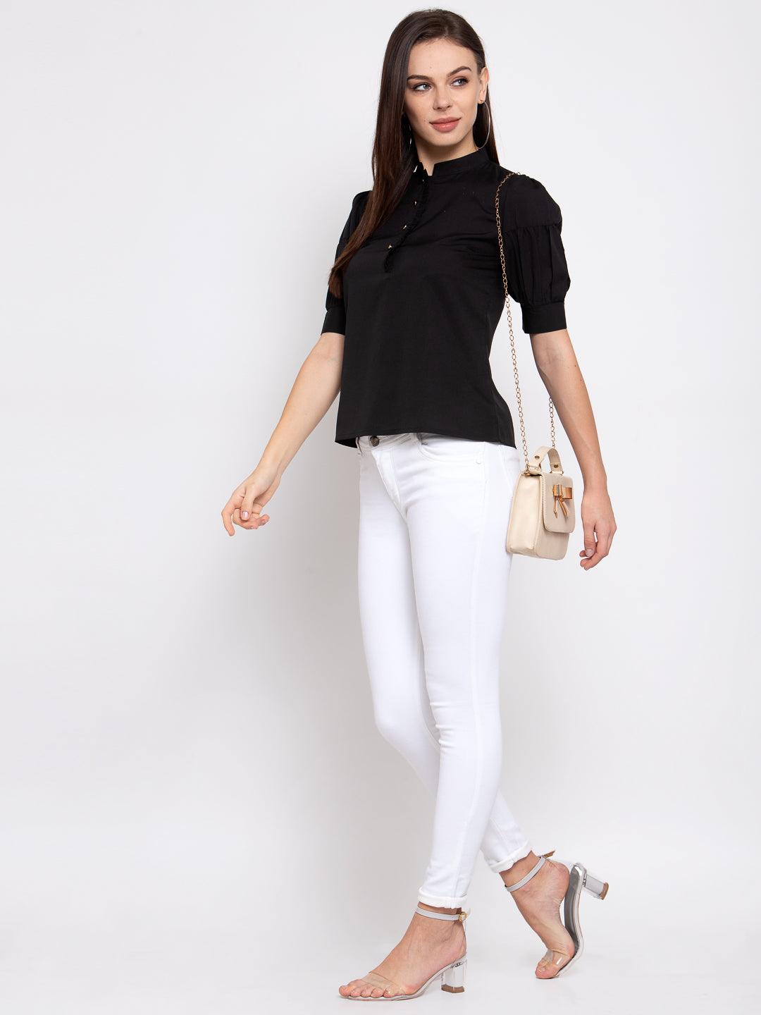 Women Black Solid Puff Sleeves Regular Top-Tops-StyleQuotient