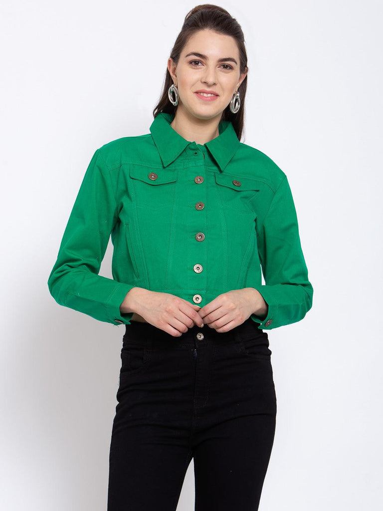 Women Green Solid Full Sleeve Crop Jacket-Jackets-StyleQuotient