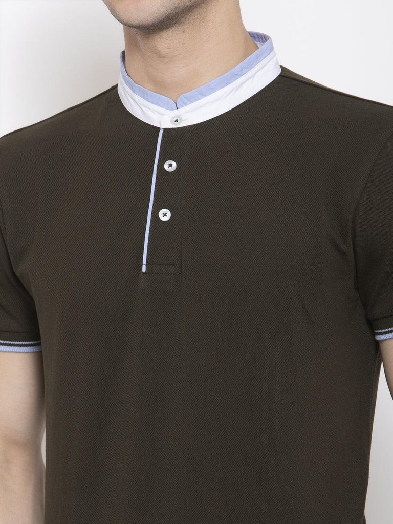 Men Olive Green Solid Mandarin Collar T-shirt-Men's Tshirt-StyleQuotient
