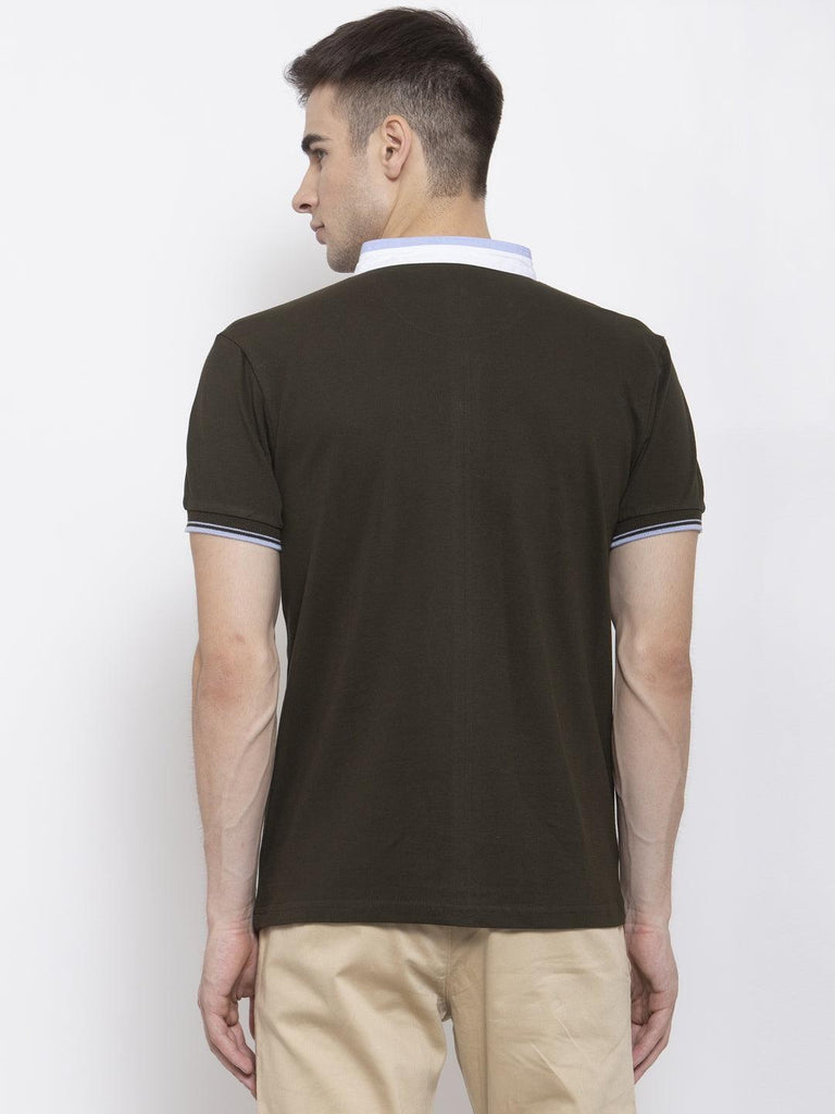 Men Olive Green Solid Mandarin Collar T-shirt-Men's Tshirt-StyleQuotient