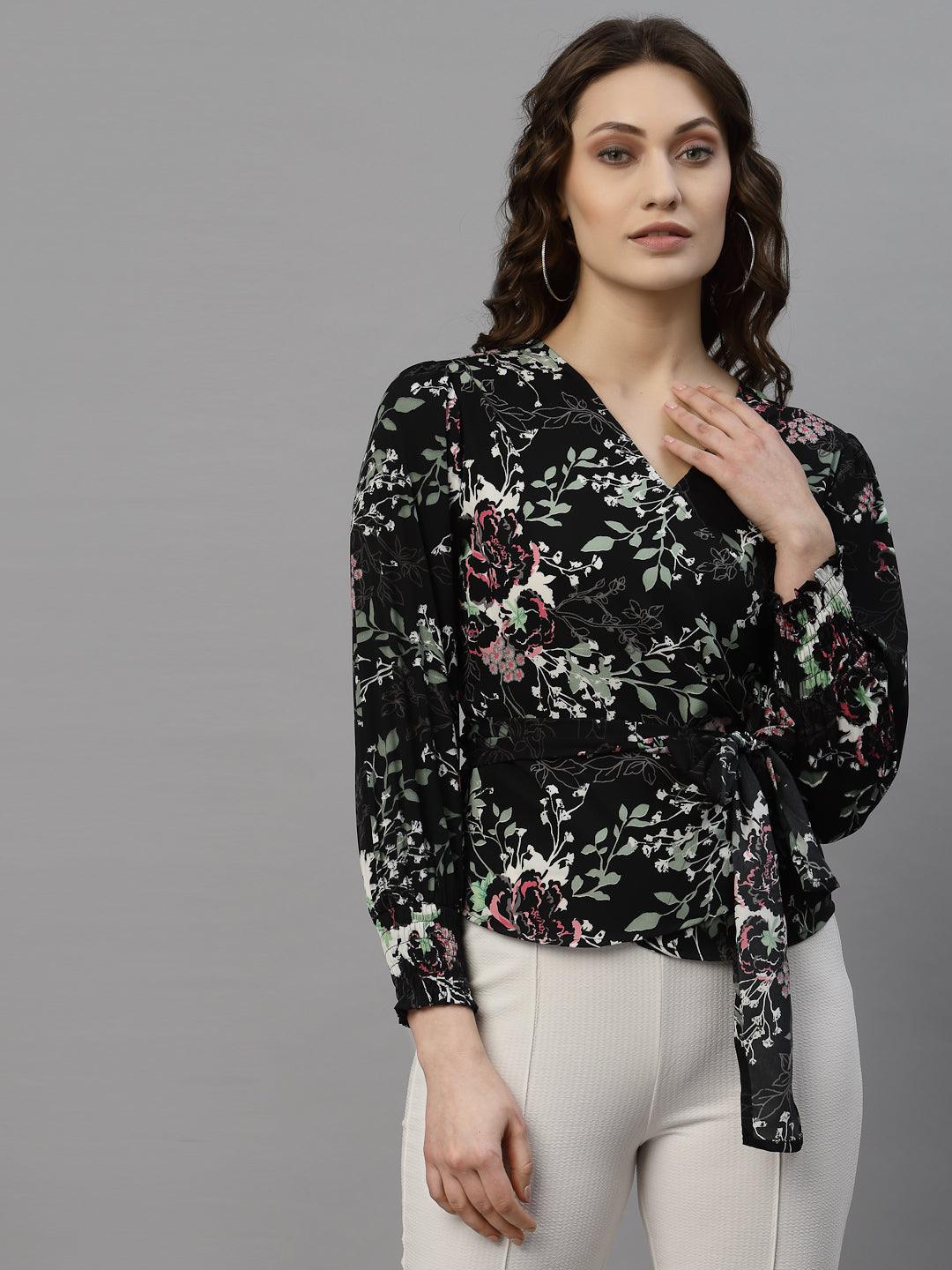 Style Quotient Women Black and multi Floral Printed Polycrepe Smart Casual Top-Tops-StyleQuotient