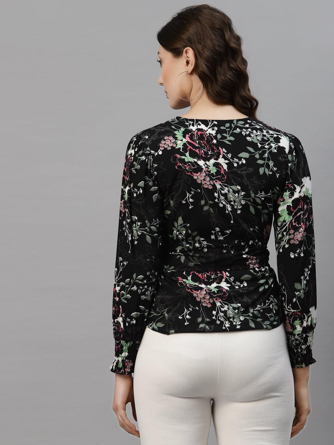 Style Quotient Women Black and multi Floral Printed Polycrepe Smart Casual Top-Tops-StyleQuotient