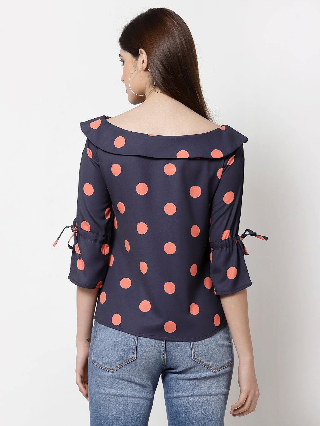 style quotient women Navy and coral polka printed polycrepe smart casual top-Tops-StyleQuotient