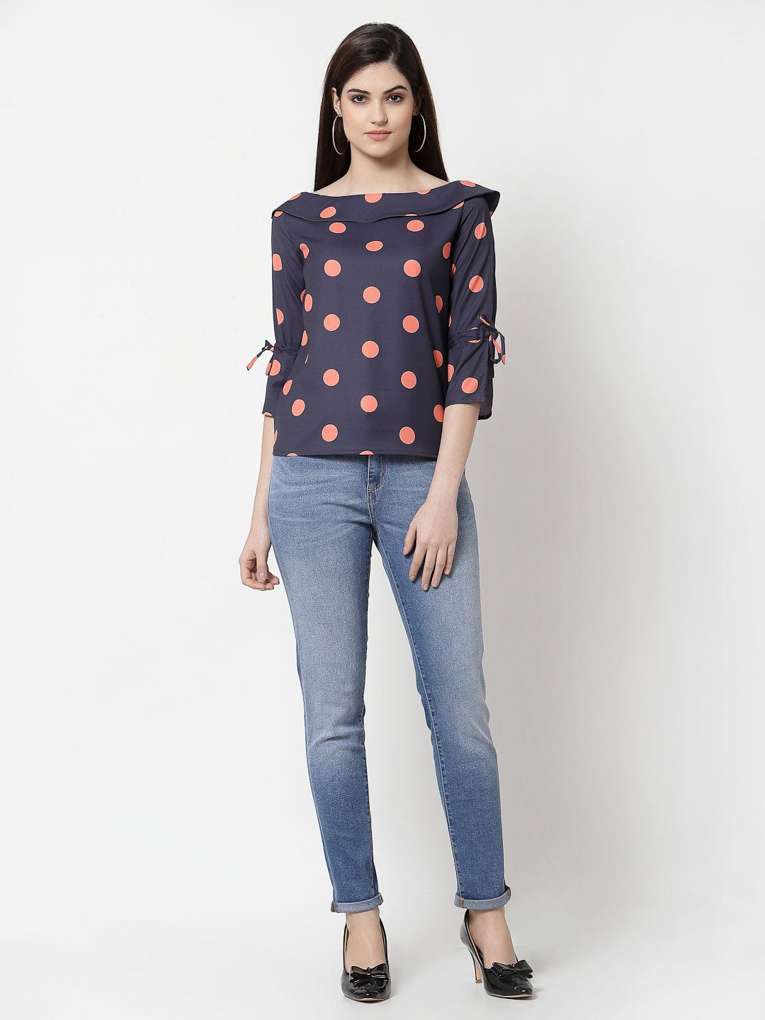 style quotient women Navy and coral polka printed polycrepe smart casual top-Tops-StyleQuotient