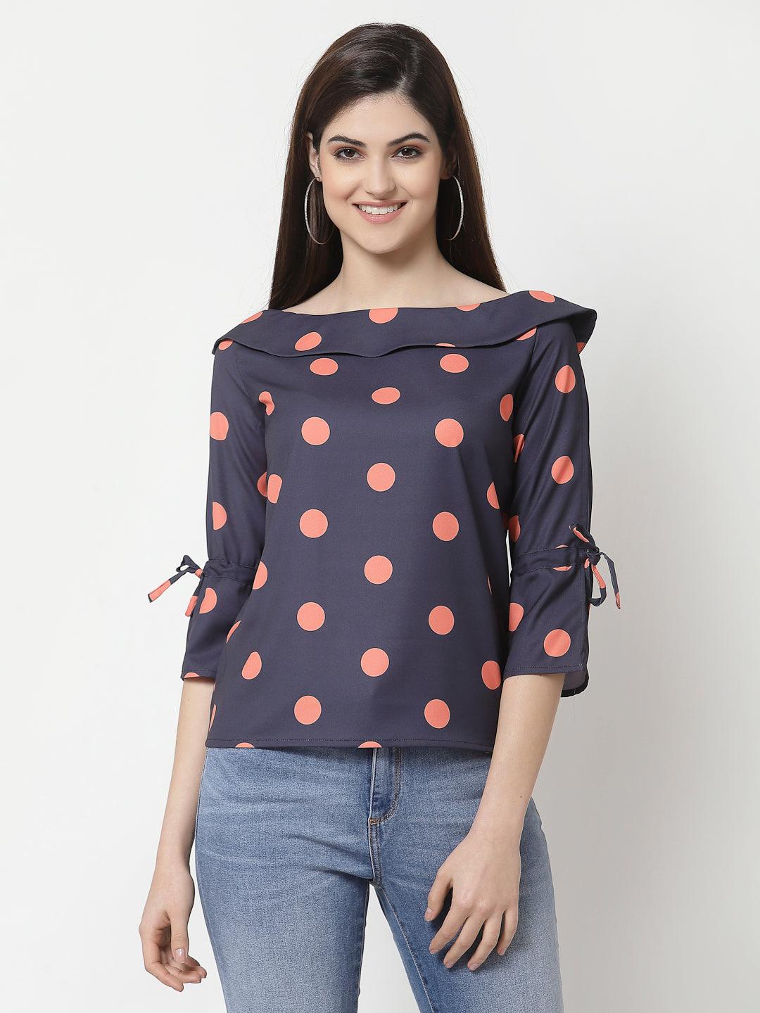 style quotient women Navy and coral polka printed polycrepe smart casual top-Tops-StyleQuotient