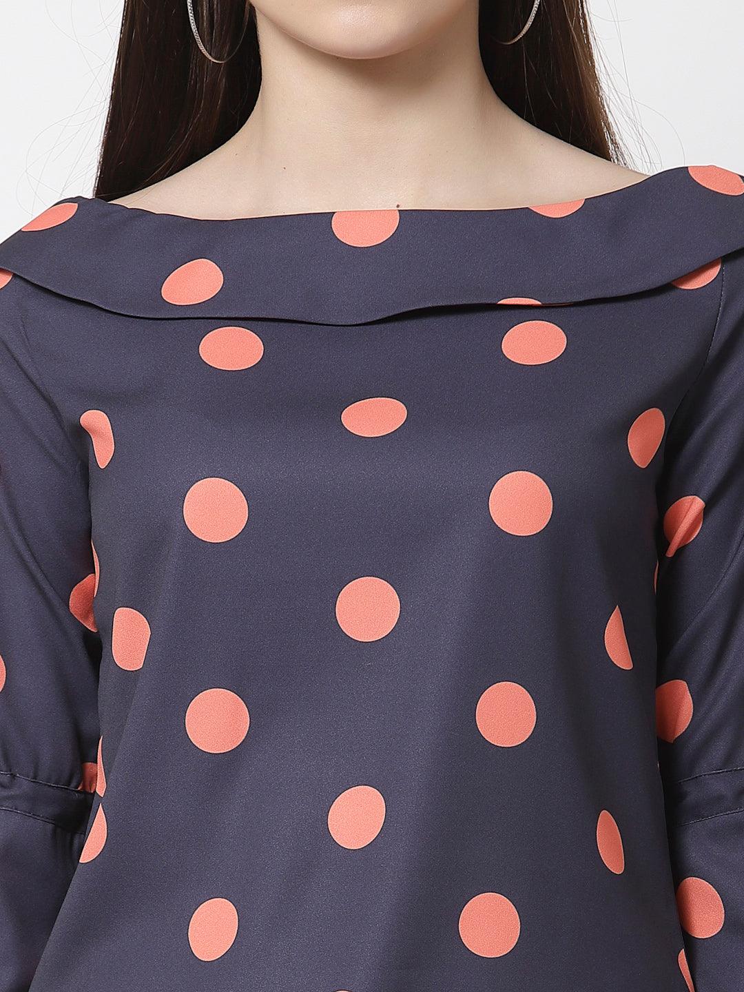 style quotient women Navy and coral polka printed polycrepe smart casual top-Tops-StyleQuotient