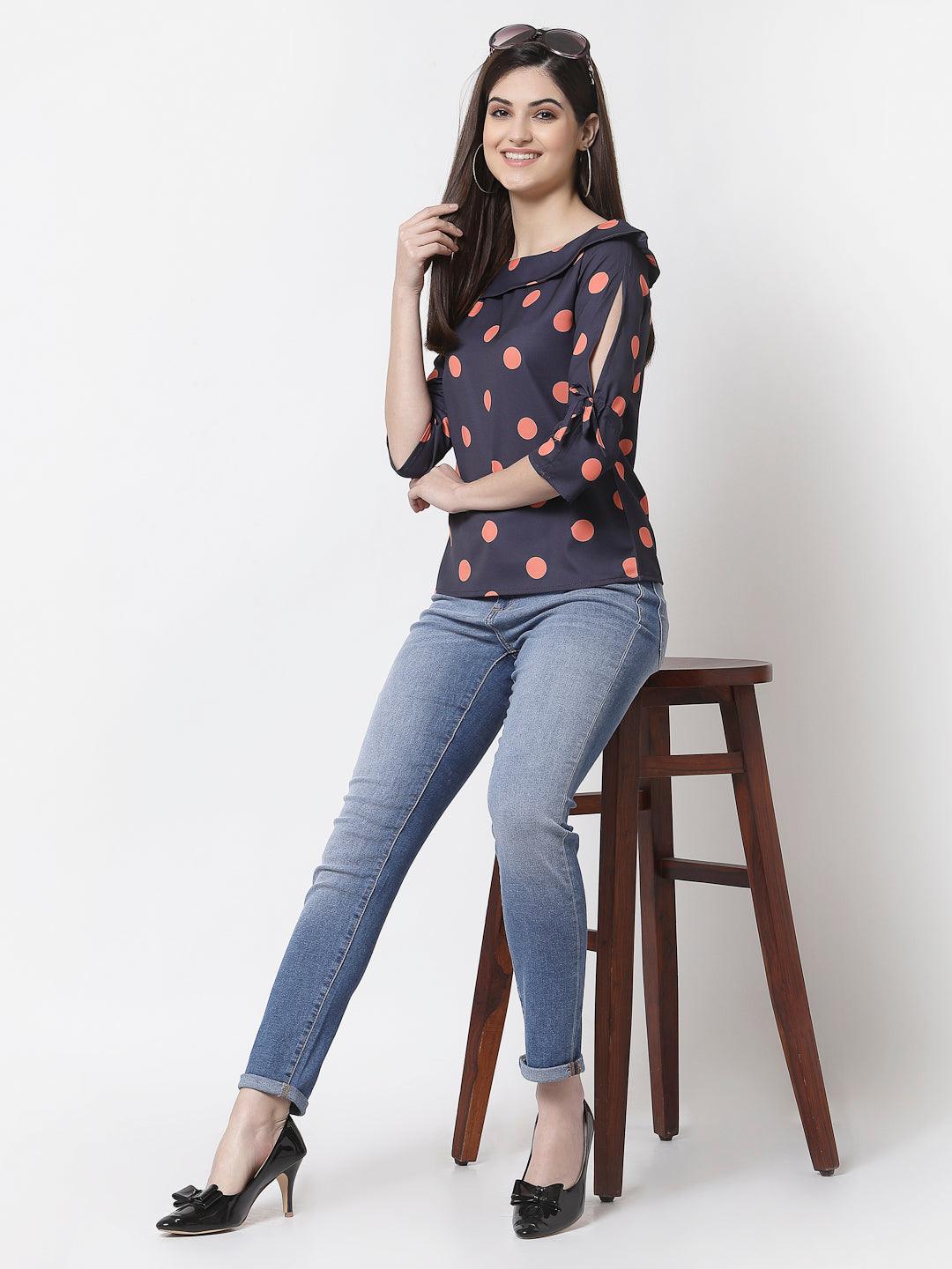 style quotient women Navy and coral polka printed polycrepe smart casual top-Tops-StyleQuotient