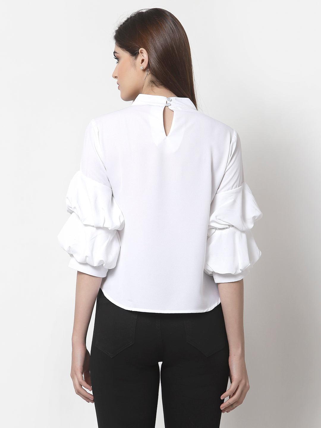 White Solid Bishop Sleeves Crepe Top-Tops-StyleQuotient