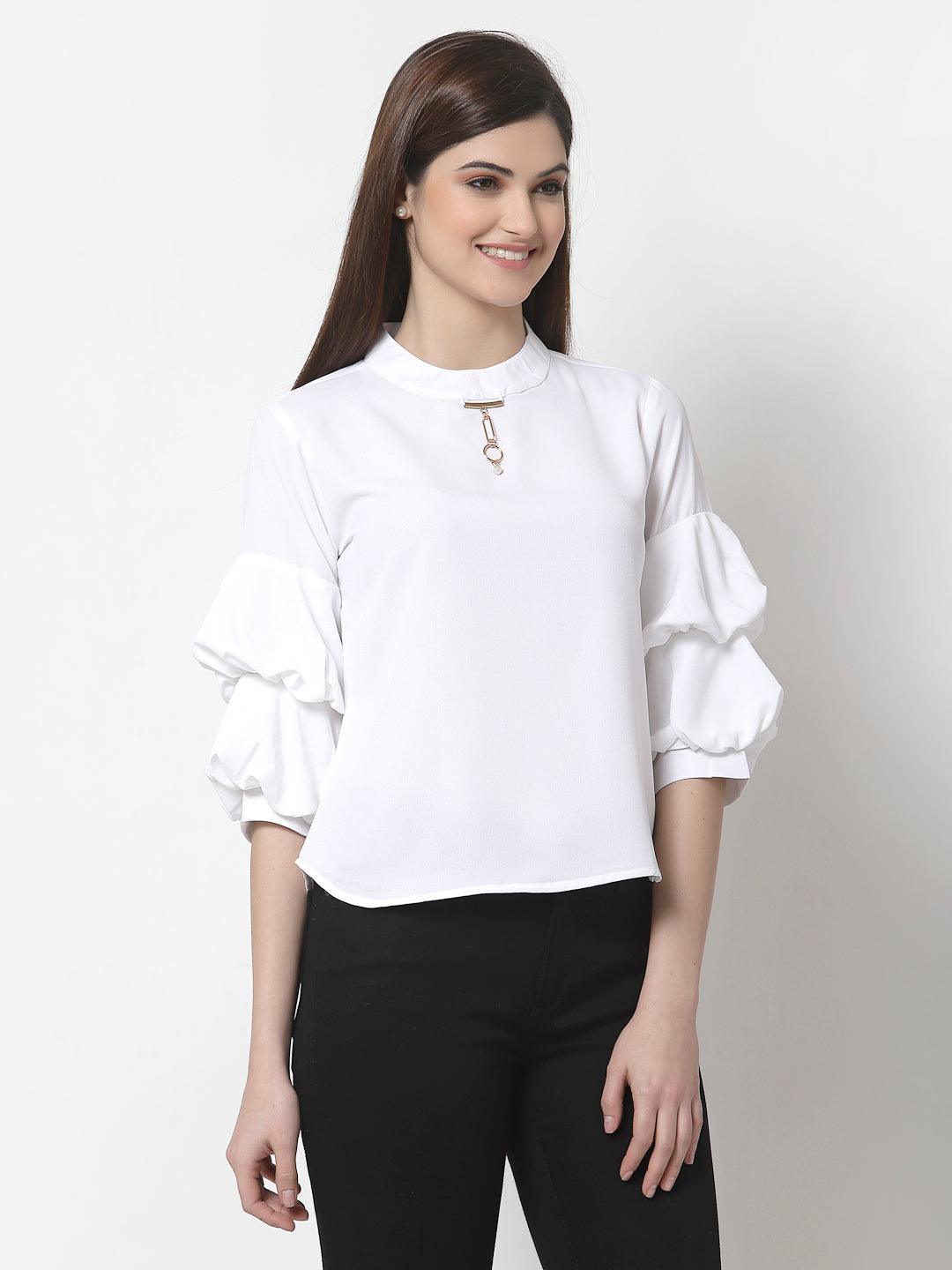 White Solid Bishop Sleeves Crepe Top-Tops-StyleQuotient