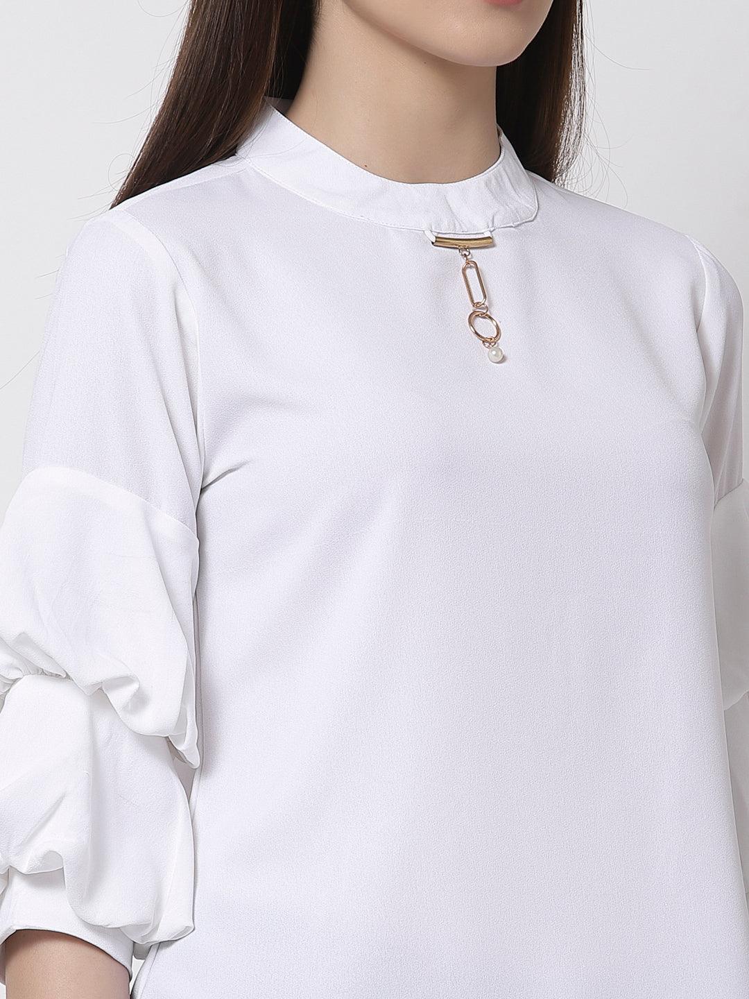 White Solid Bishop Sleeves Crepe Top-Tops-StyleQuotient