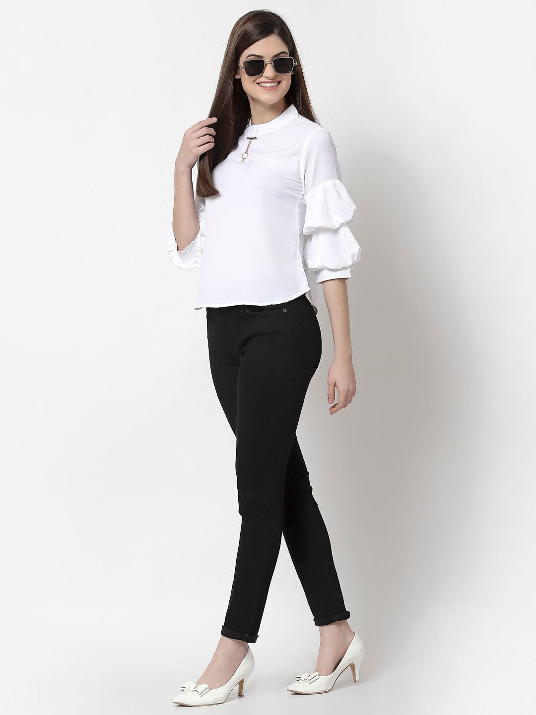White Solid Bishop Sleeves Crepe Top-Tops-StyleQuotient