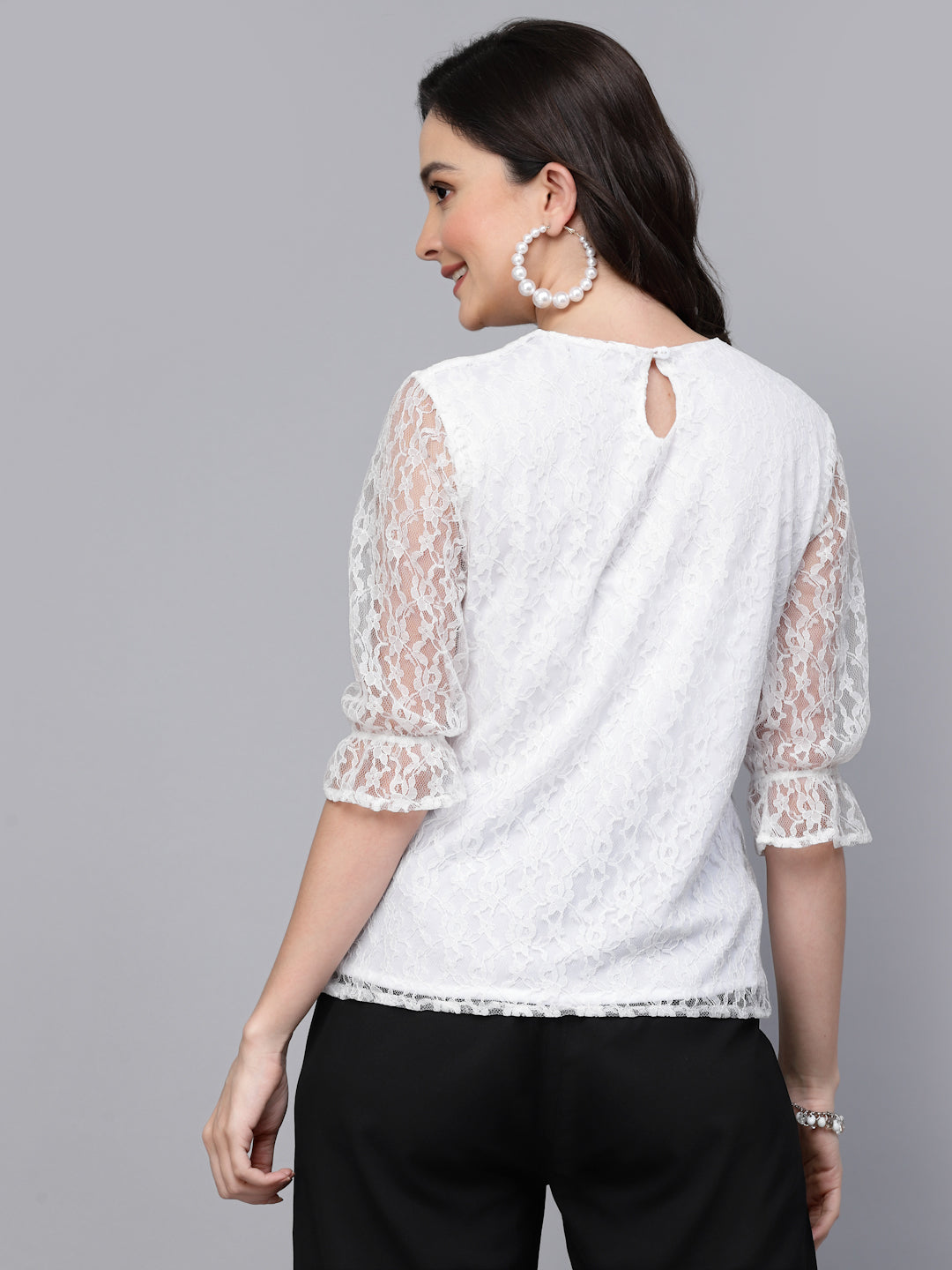 Style Quotient Women White Self Design Cotton Lace Regular Smart Casual Top-Tops-StyleQuotient
