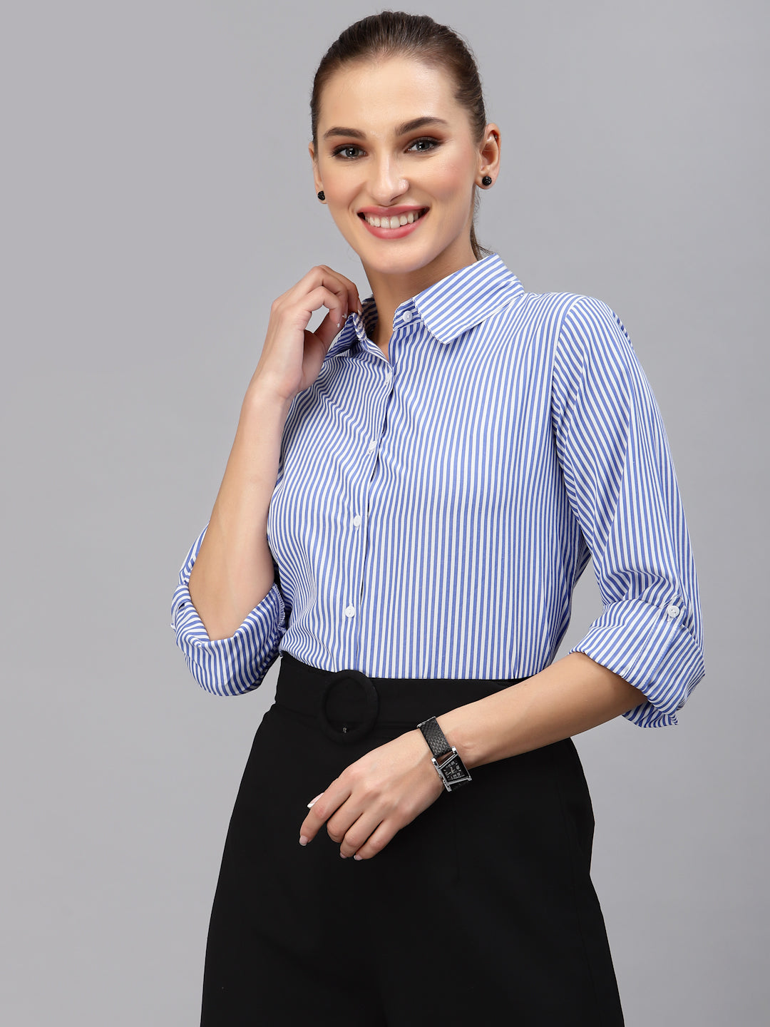Style Quotient Women Blue Striped Shirt-Shirts-StyleQuotient