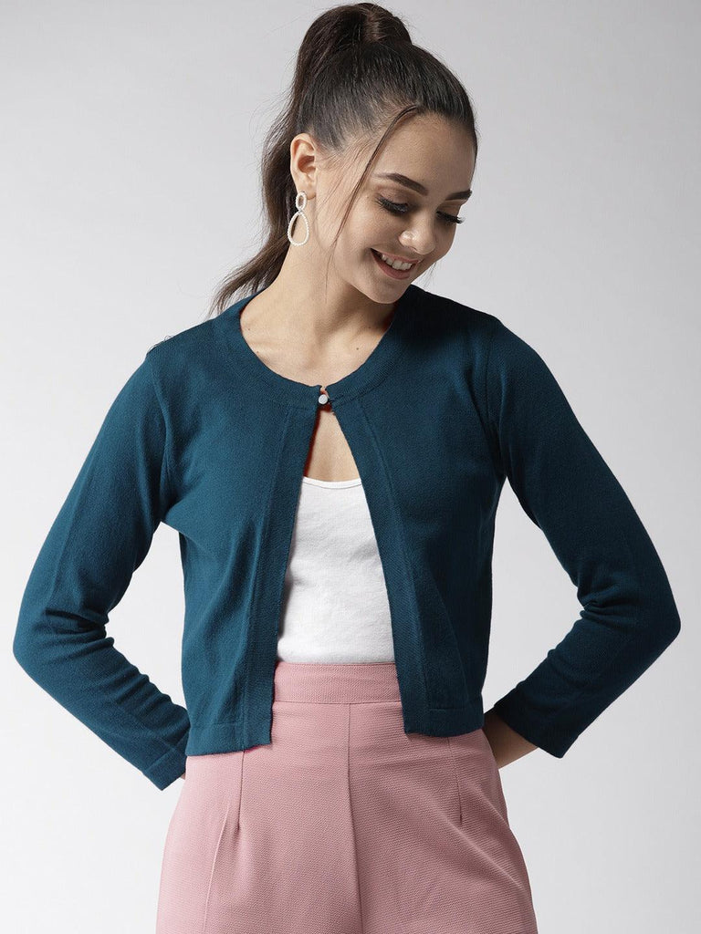 Women Teal Green Solid Cropped Shrug-Shrug-StyleQuotient