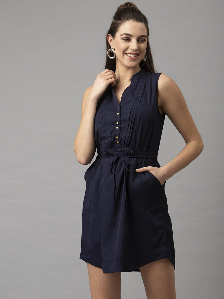 Women Navy Blue Sleeveless Dress With Pocket-Dresses-StyleQuotient