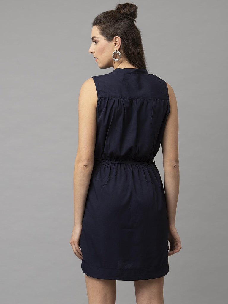 Women Navy Blue Sleeveless Dress With Pocket-Dresses-StyleQuotient