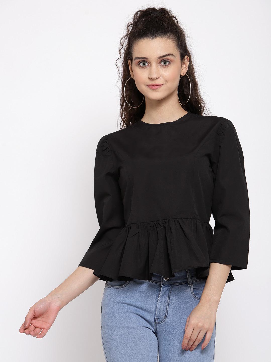 Women Black Top With High Round Neck-Tops-StyleQuotient