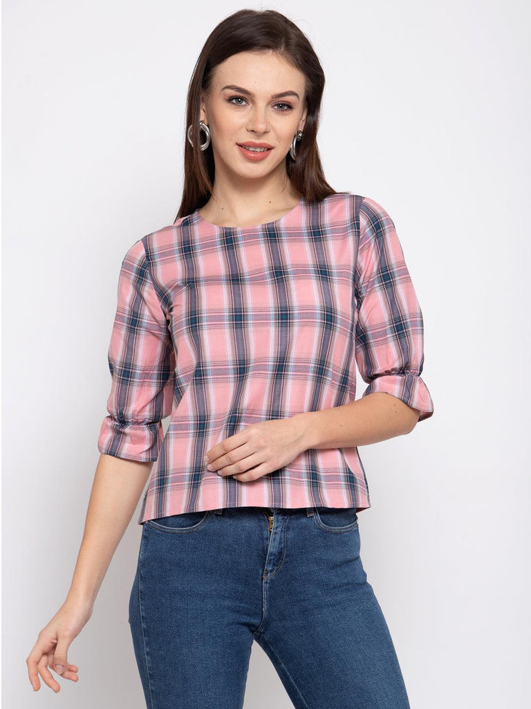 Style Quotient Women Pink And Multi Check Printed Cotton Smart Casual Top-Tops-StyleQuotient