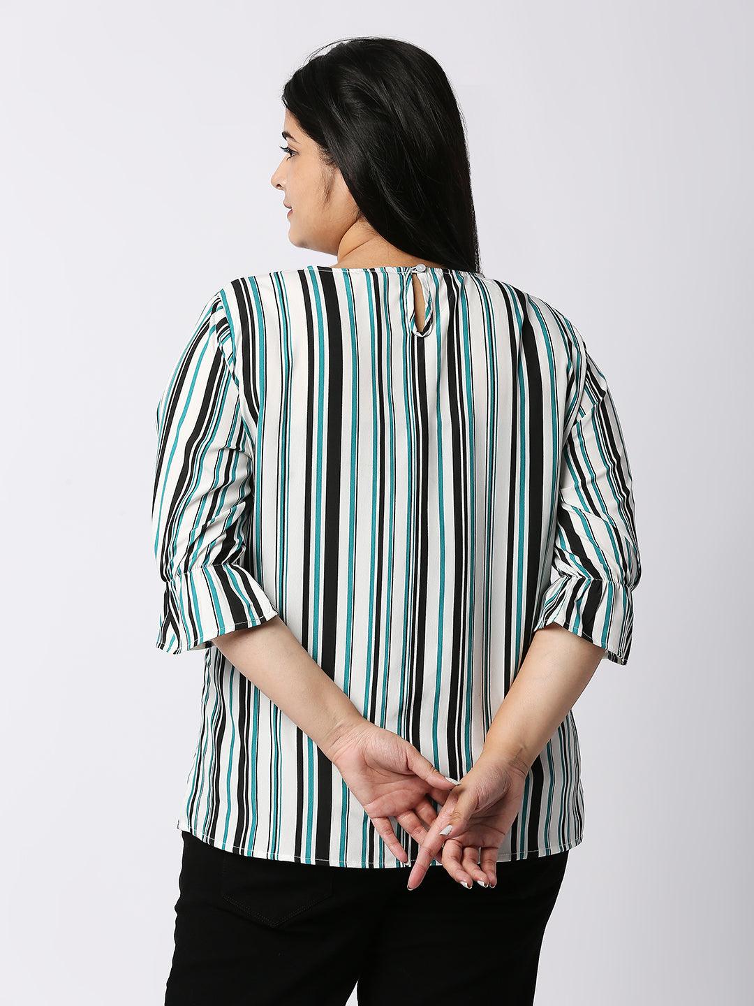 Style Quotient Women White and Multi Striped Polycrepe Regular Smart Casual Top-Tops-StyleQuotient
