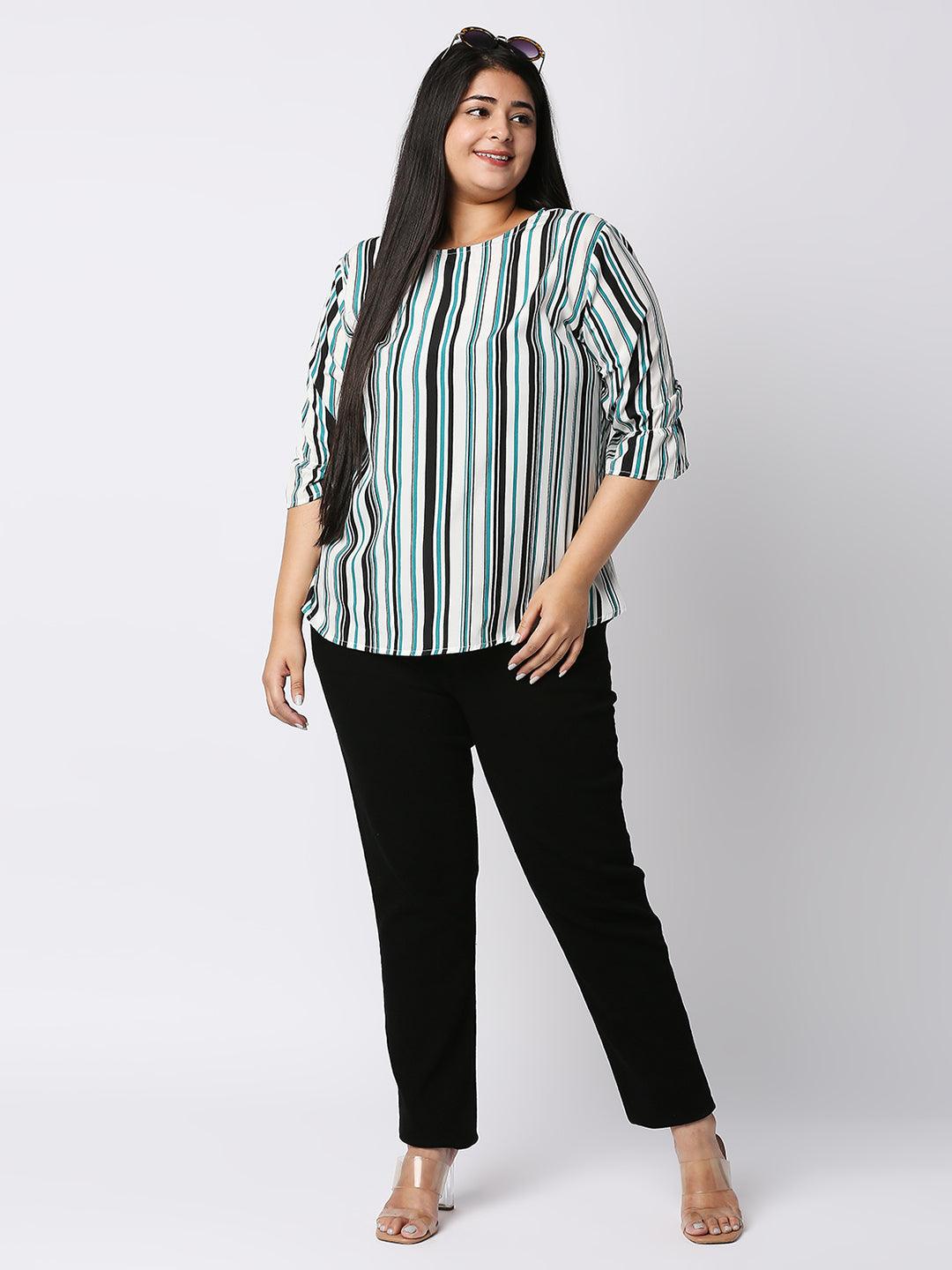 Style Quotient Women White and Multi Striped Polycrepe Regular Smart Casual Top-Tops-StyleQuotient