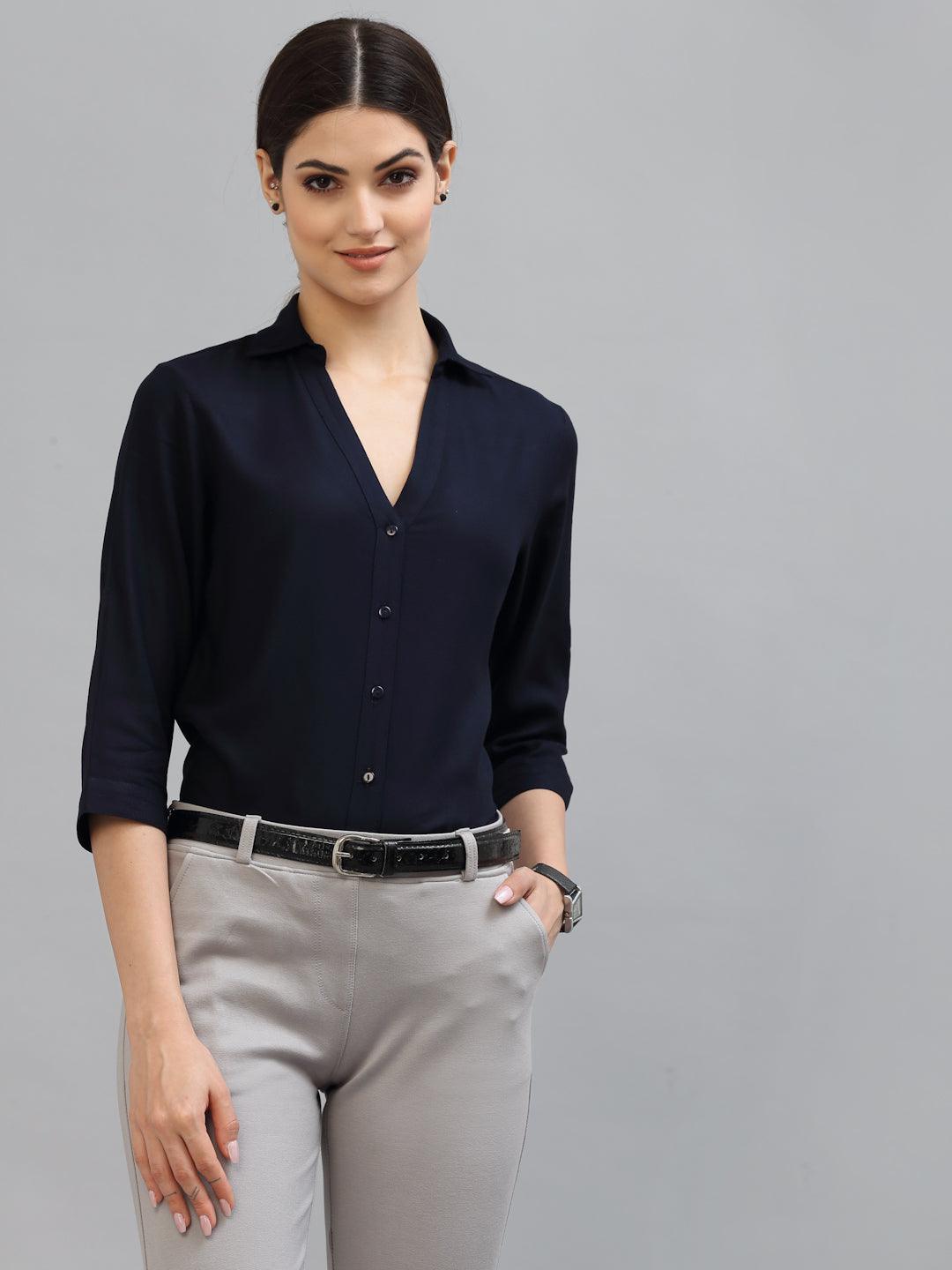Style Quotient Women Solid Navy Viscose Rayon Semi Formal Shirt-Shirts-StyleQuotient