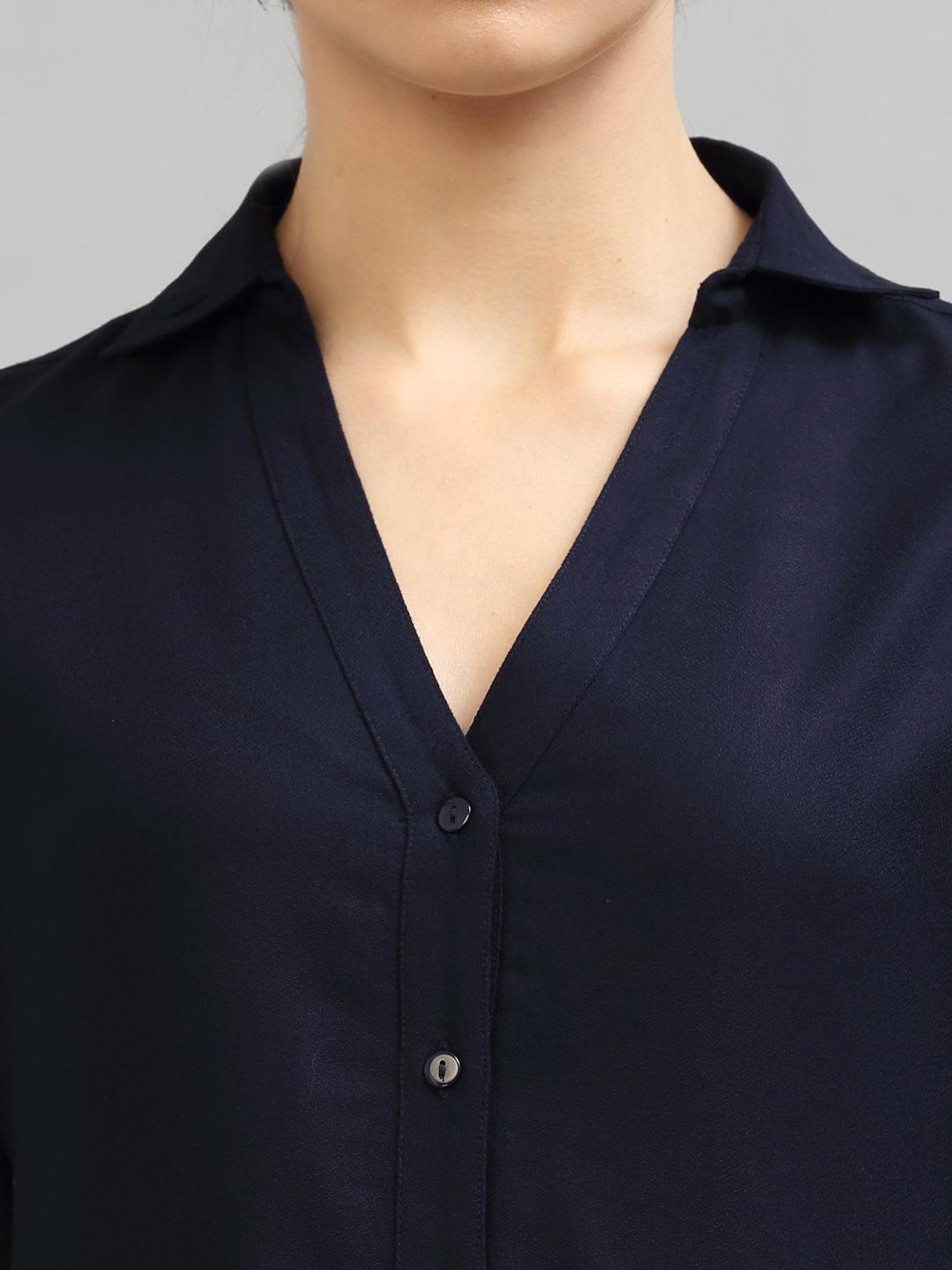 Style Quotient Women Solid Navy Viscose Rayon Semi Formal Shirt-Shirts-StyleQuotient