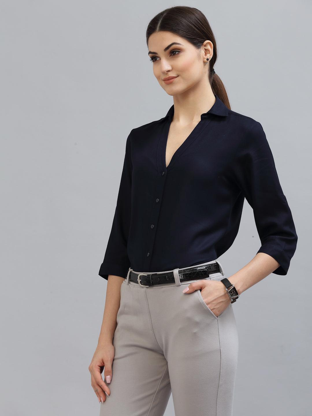 Style Quotient Women Solid Navy Viscose Rayon Semi Formal Shirt-Shirts-StyleQuotient