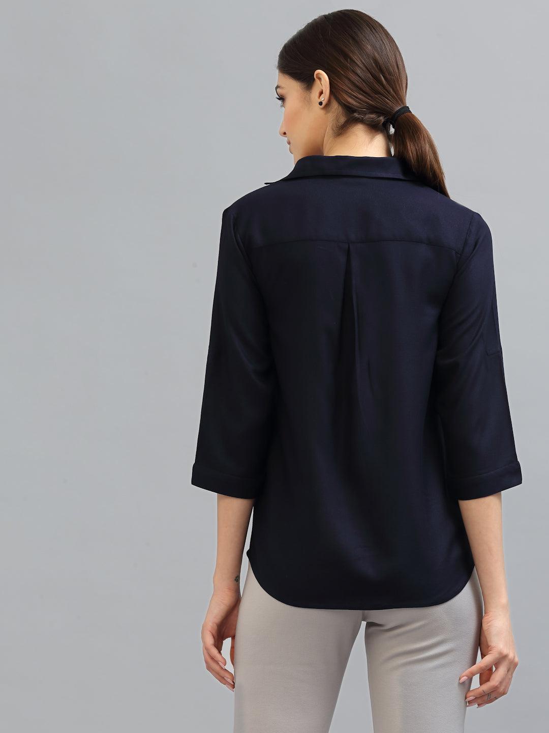 Style Quotient Women Solid Navy Viscose Rayon Semi Formal Shirt-Shirts-StyleQuotient