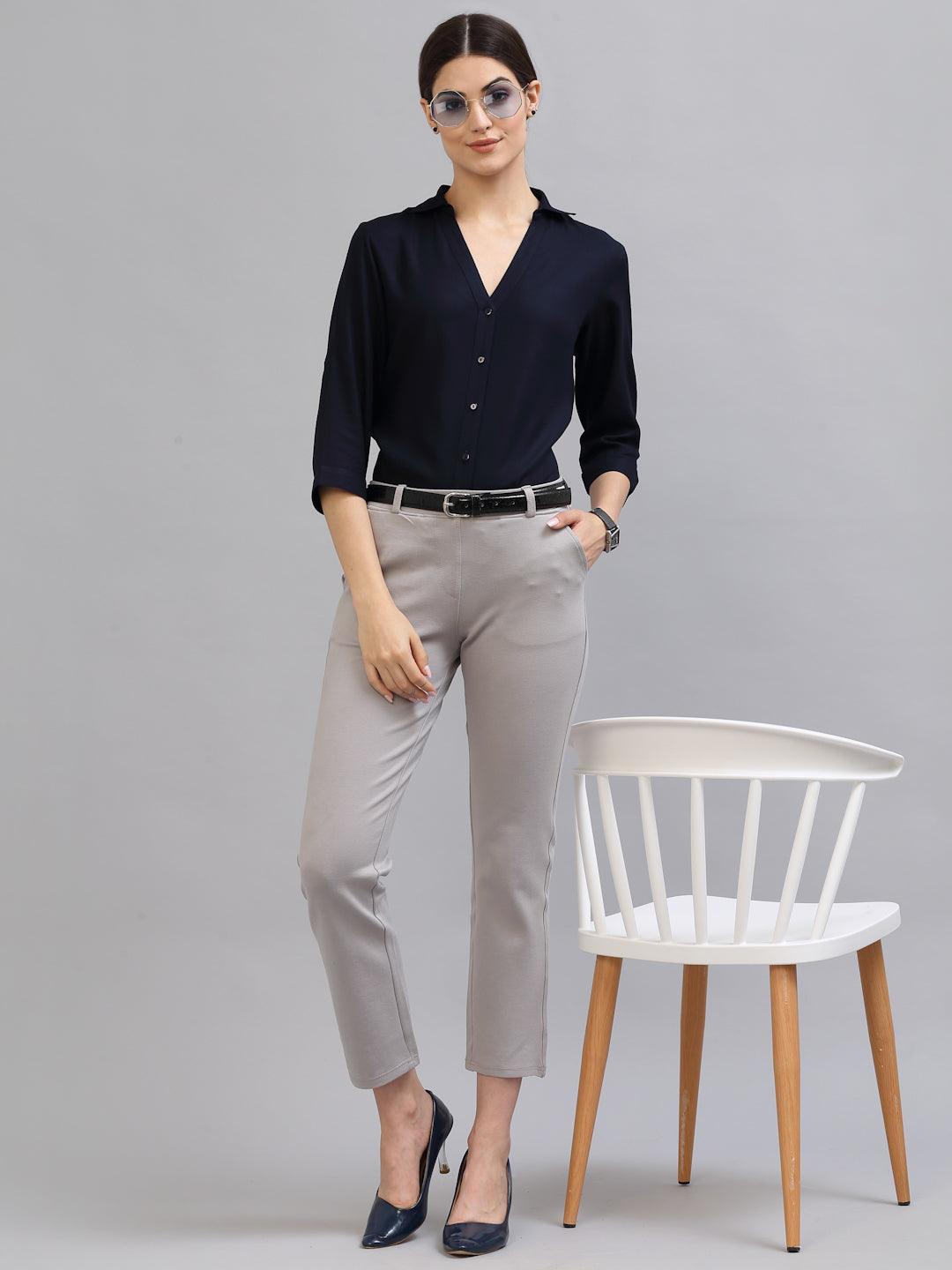 Style Quotient Women Solid Navy Viscose Rayon Semi Formal Shirt-Shirts-StyleQuotient