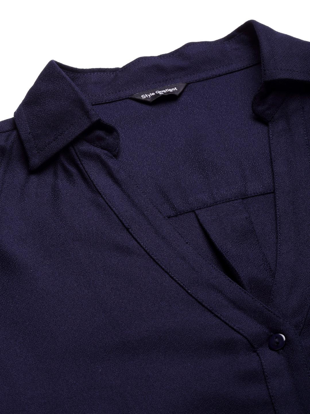 Style Quotient Women Solid Navy Viscose Rayon Semi Formal Shirt-Shirts-StyleQuotient