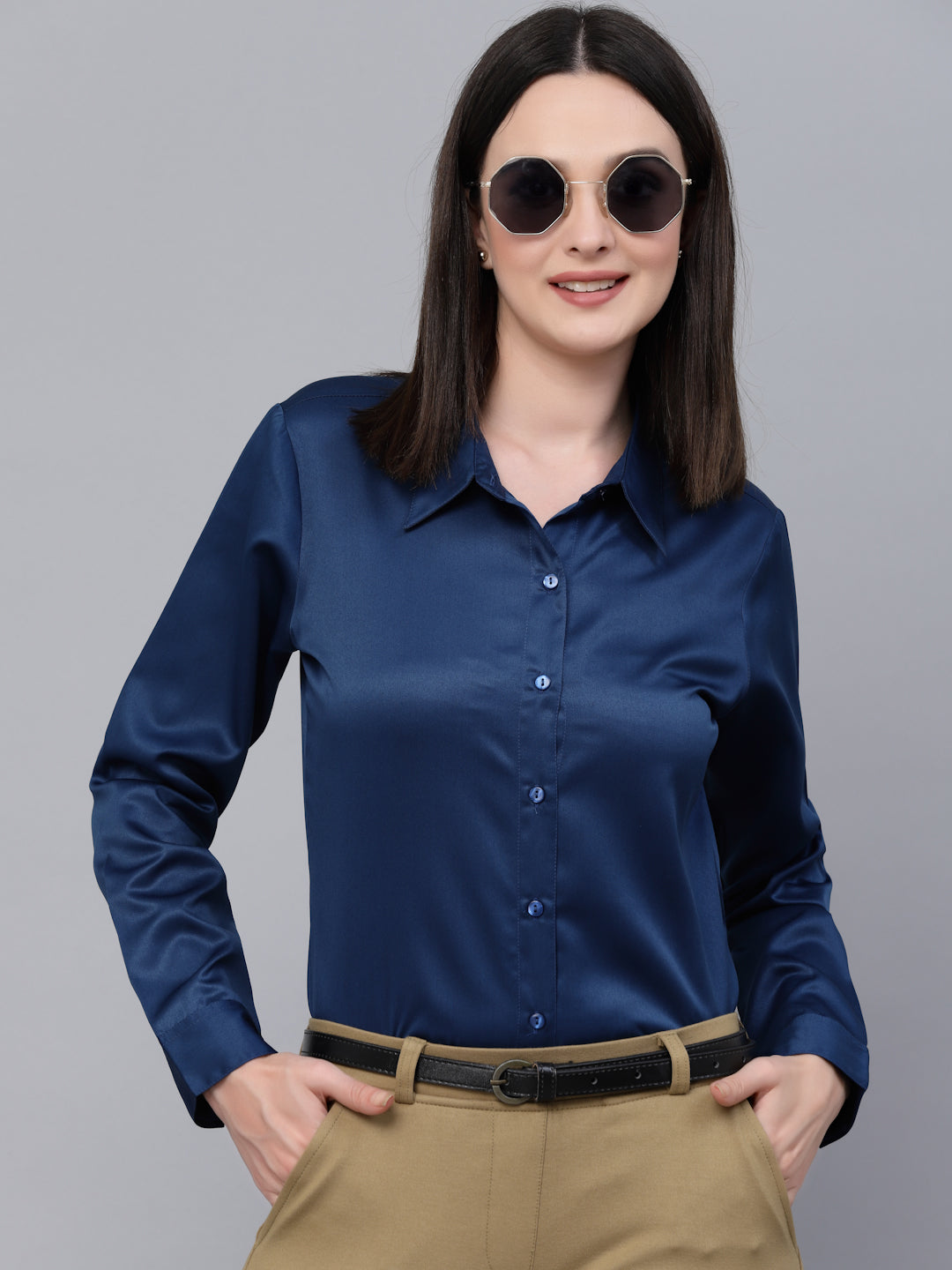 Style Quotients Women Solid Petrol Satin Formal Shirt-Shirts-StyleQuotient