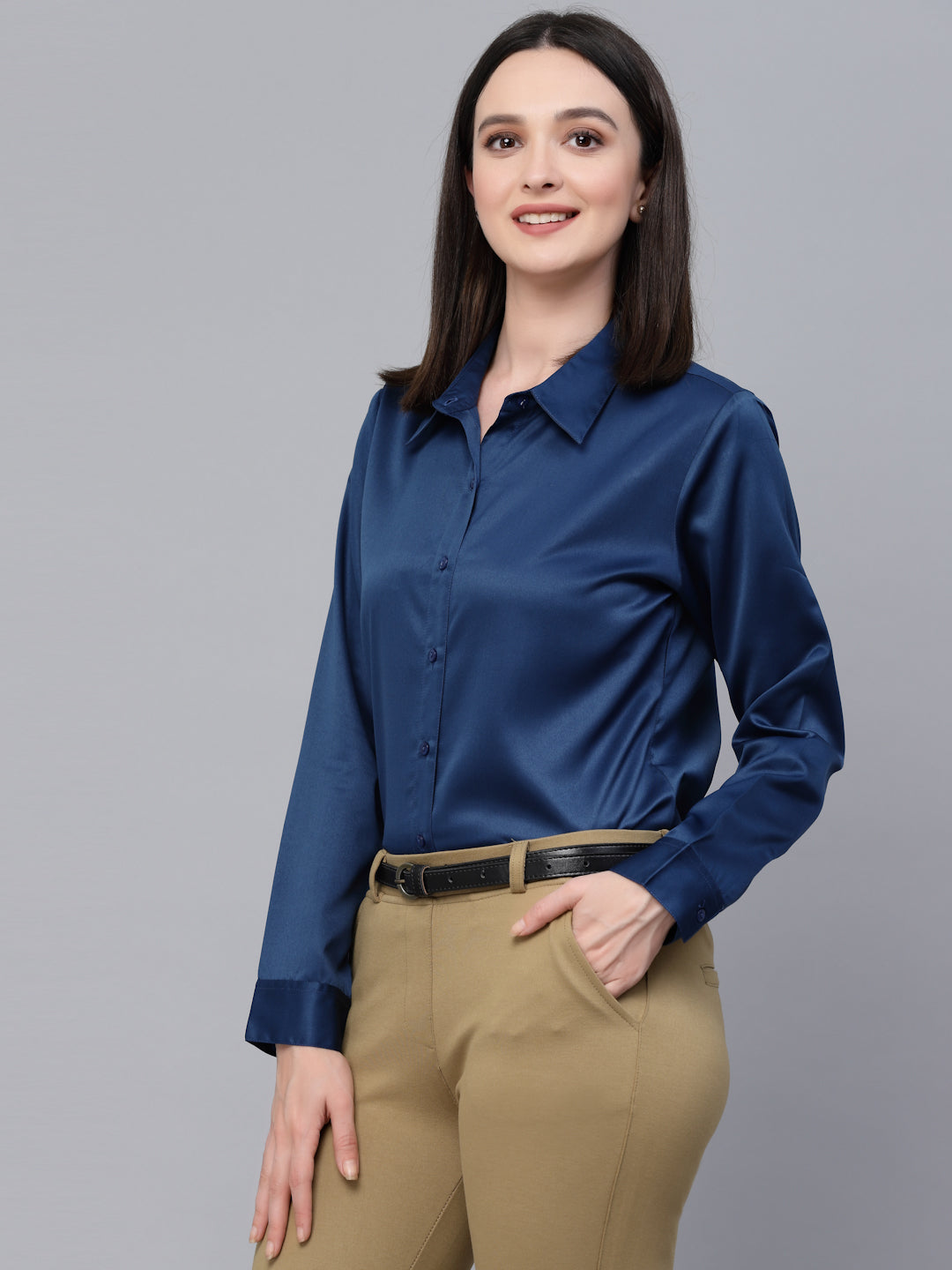Style Quotients Women Solid Petrol Satin Formal Shirt-Shirts-StyleQuotient