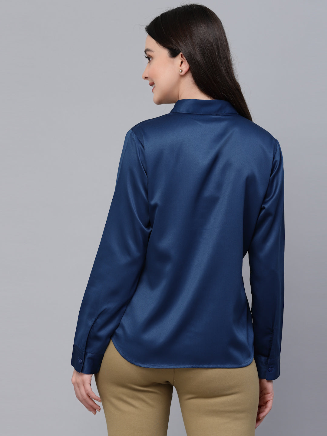 Style Quotients Women Solid Petrol Satin Formal Shirt-Shirts-StyleQuotient