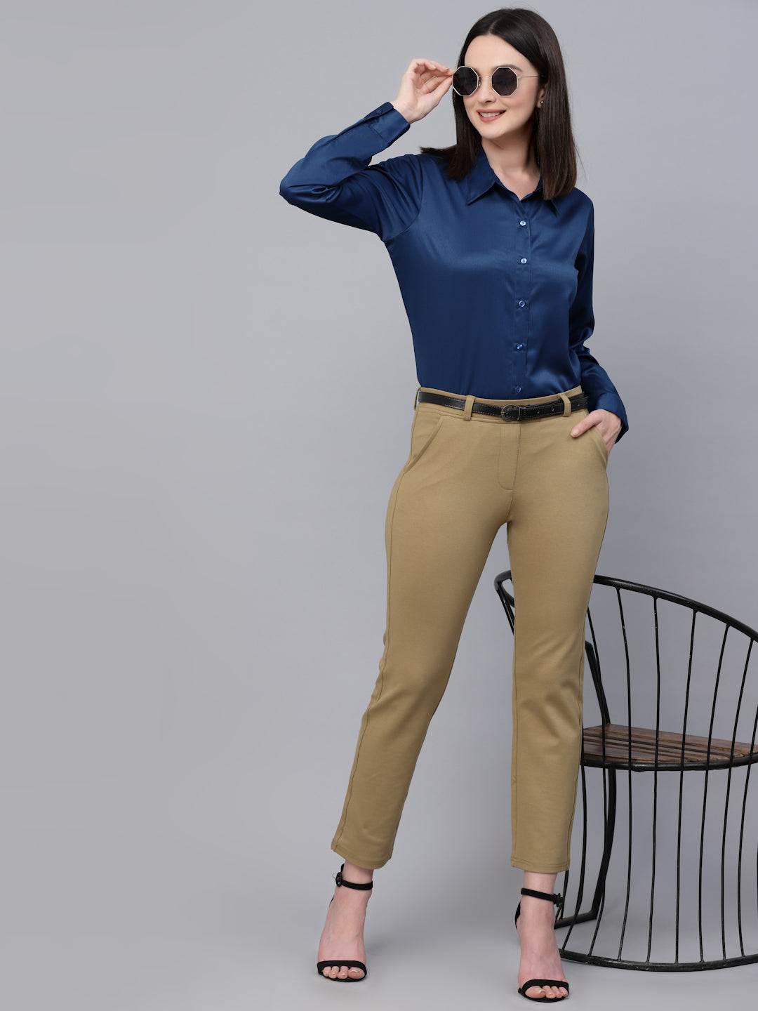 Style Quotients Women Solid Petrol Satin Formal Shirt-Shirts-StyleQuotient