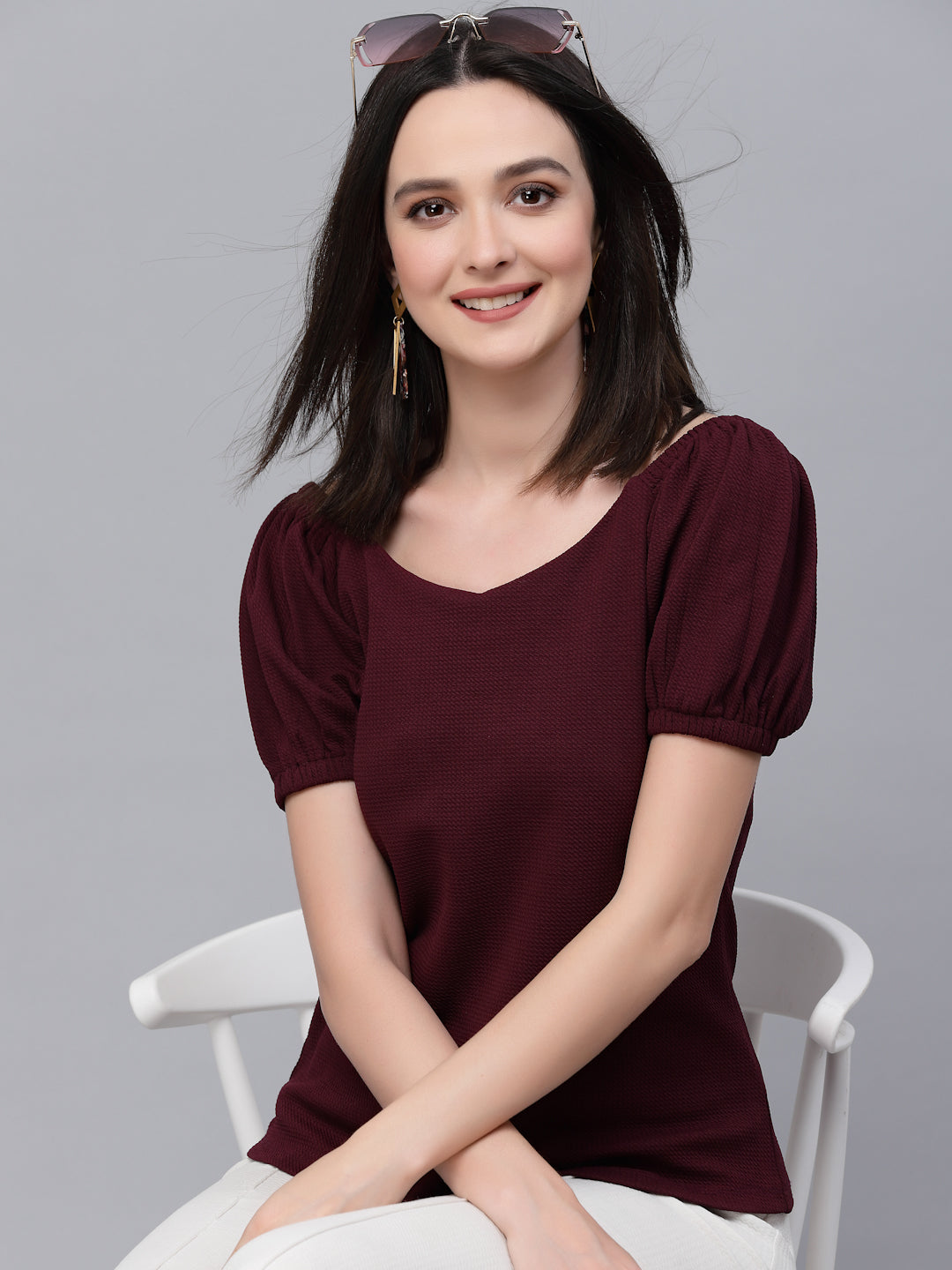 Style Quotient Women Maroon Poly Knit Smart Casual Top-Tops-StyleQuotient