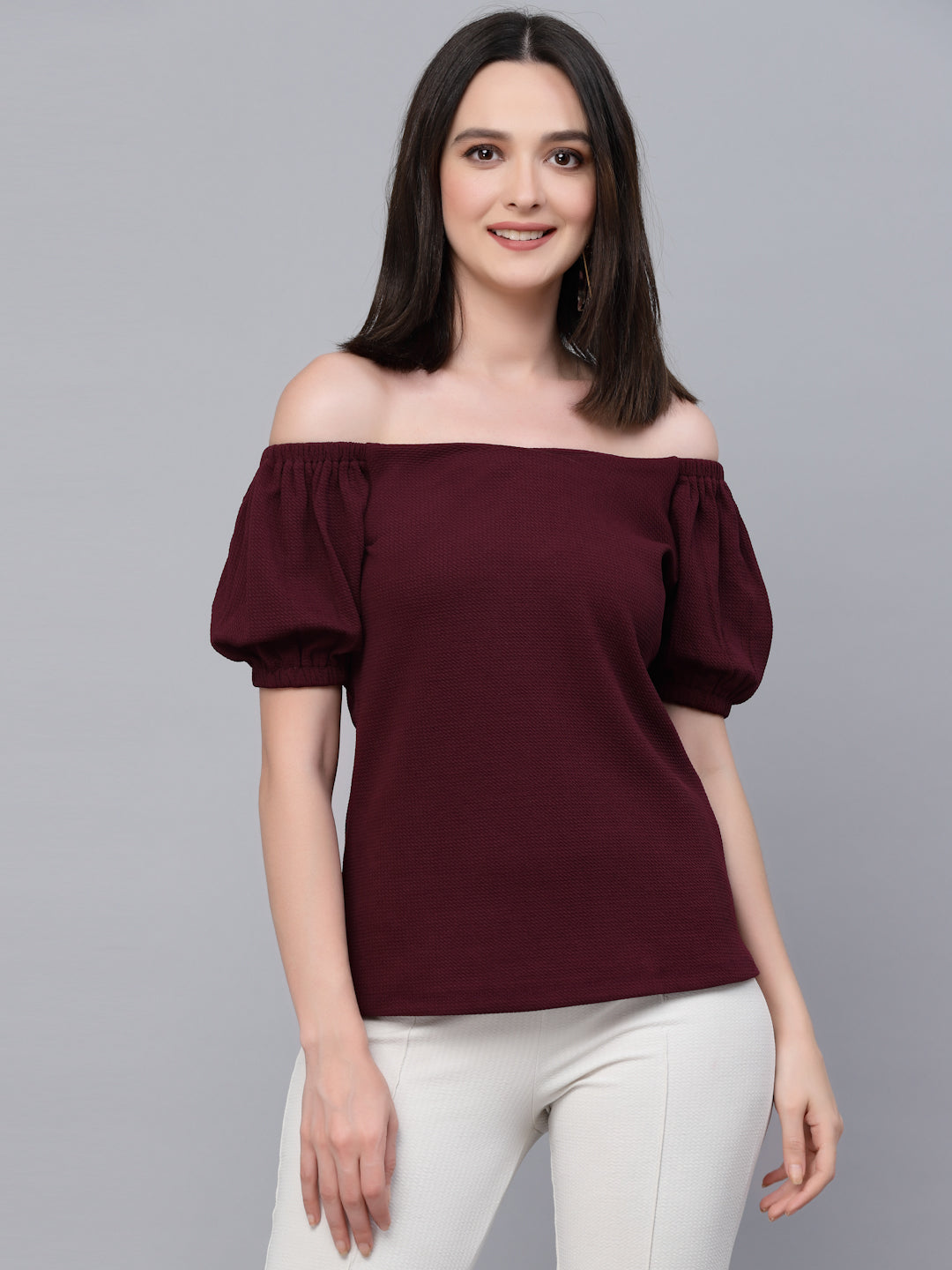 Style Quotient Women Maroon Poly Knit Smart Casual Top-Tops-StyleQuotient