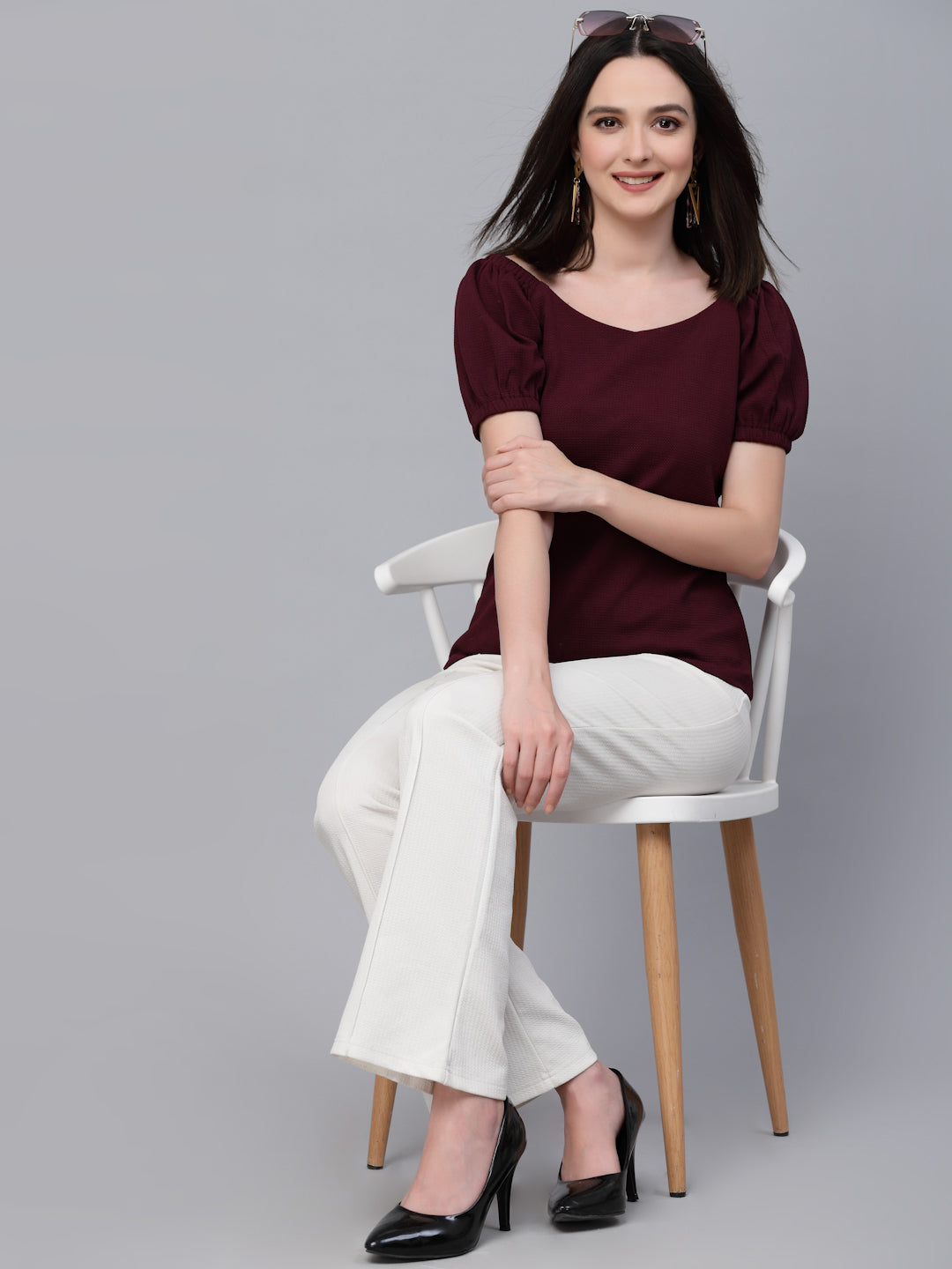 Style Quotient Women Maroon Poly Knit Smart Casual Top-Tops-StyleQuotient