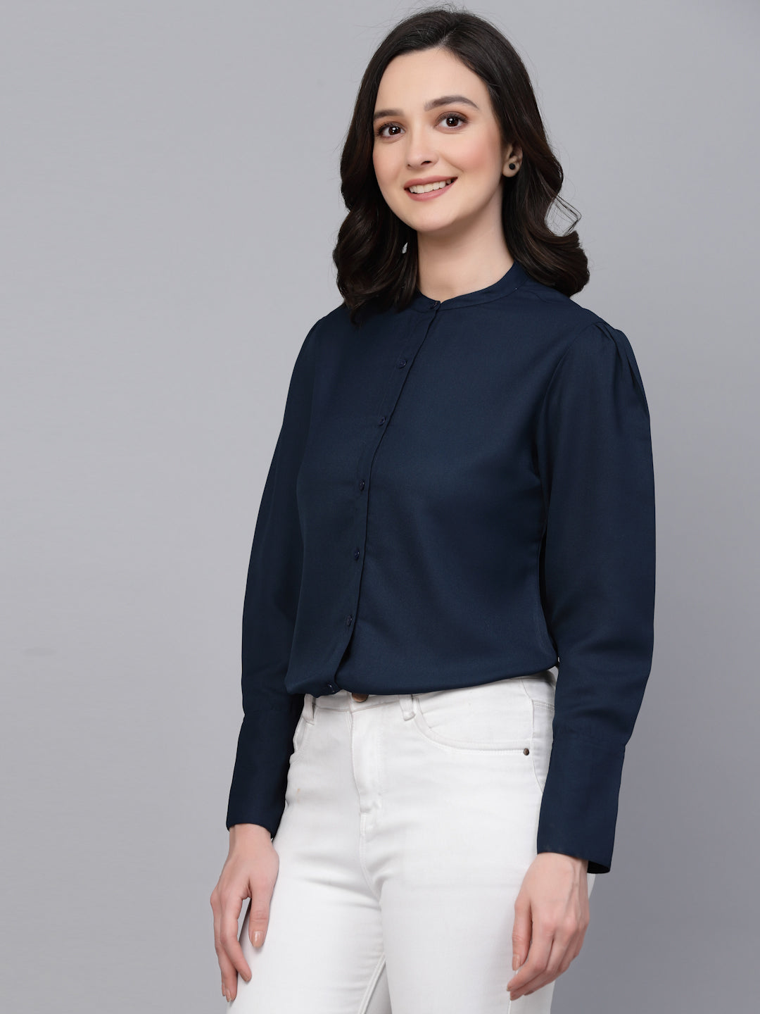 Style Quotient Women Solid Navy Regular Formal Shirt-Shirts-StyleQuotient