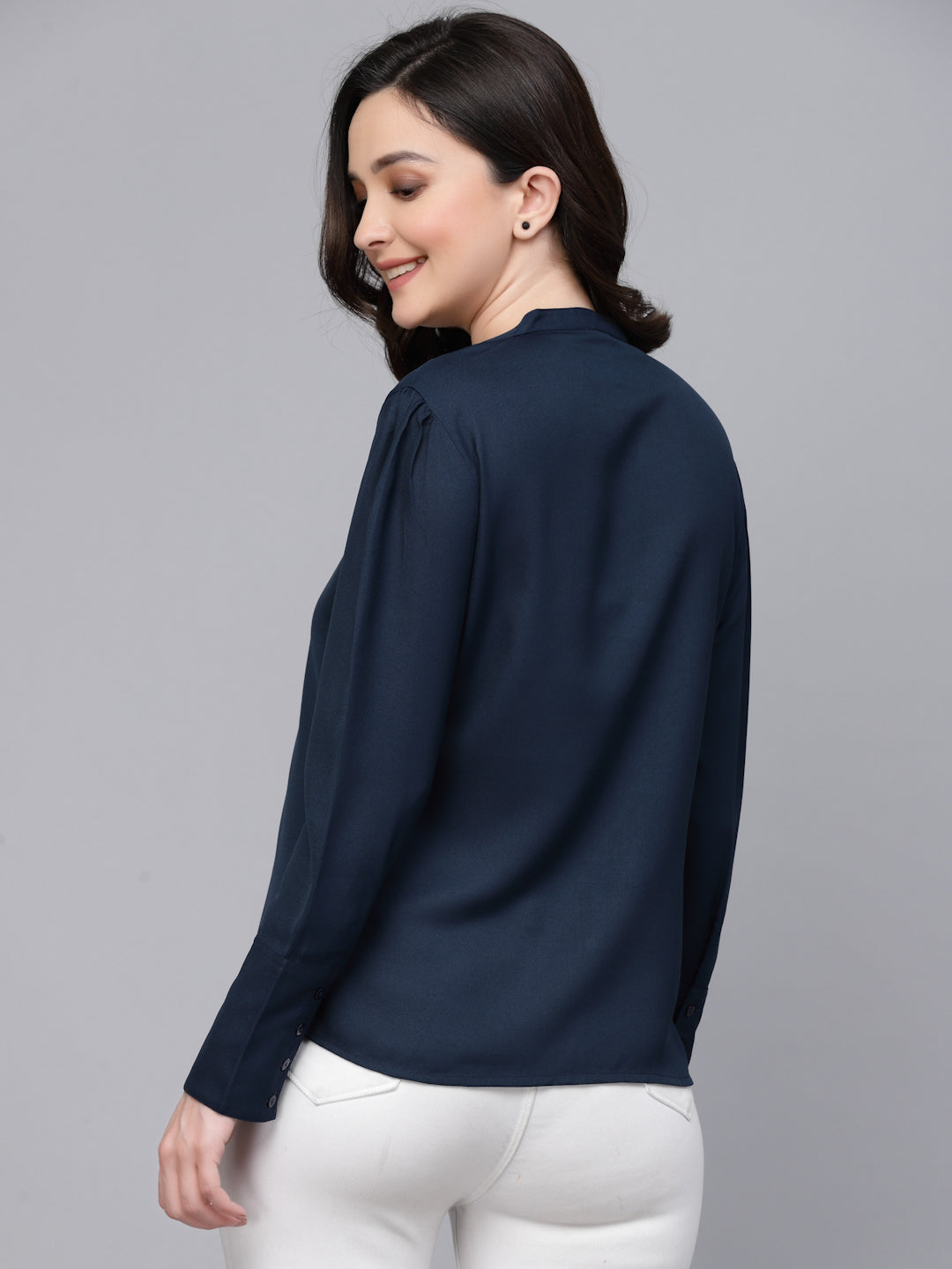Style Quotient Women Solid Navy Regular Formal Shirt-Shirts-StyleQuotient
