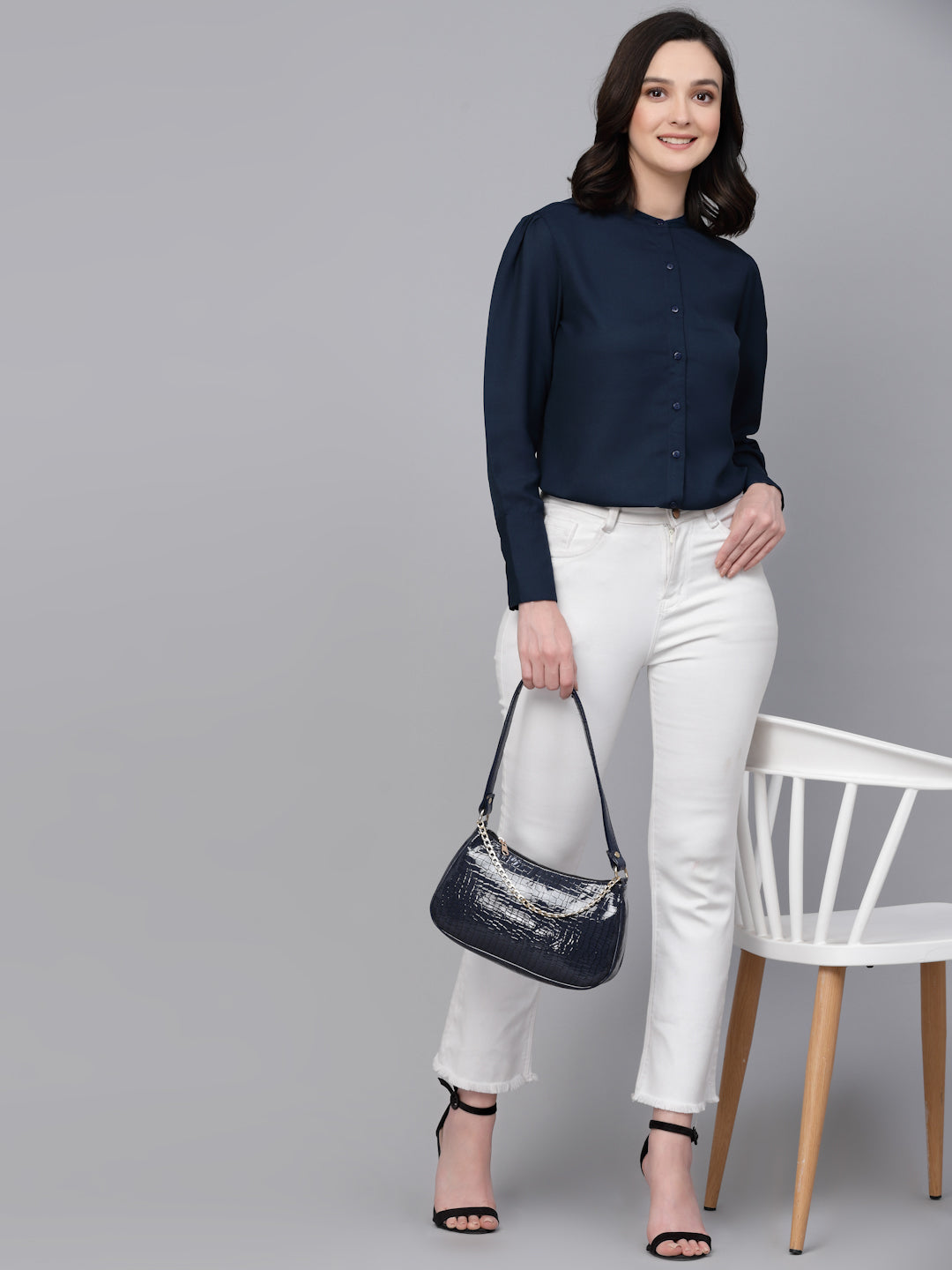 Style Quotient Women Solid Navy Regular Formal Shirt-Shirts-StyleQuotient