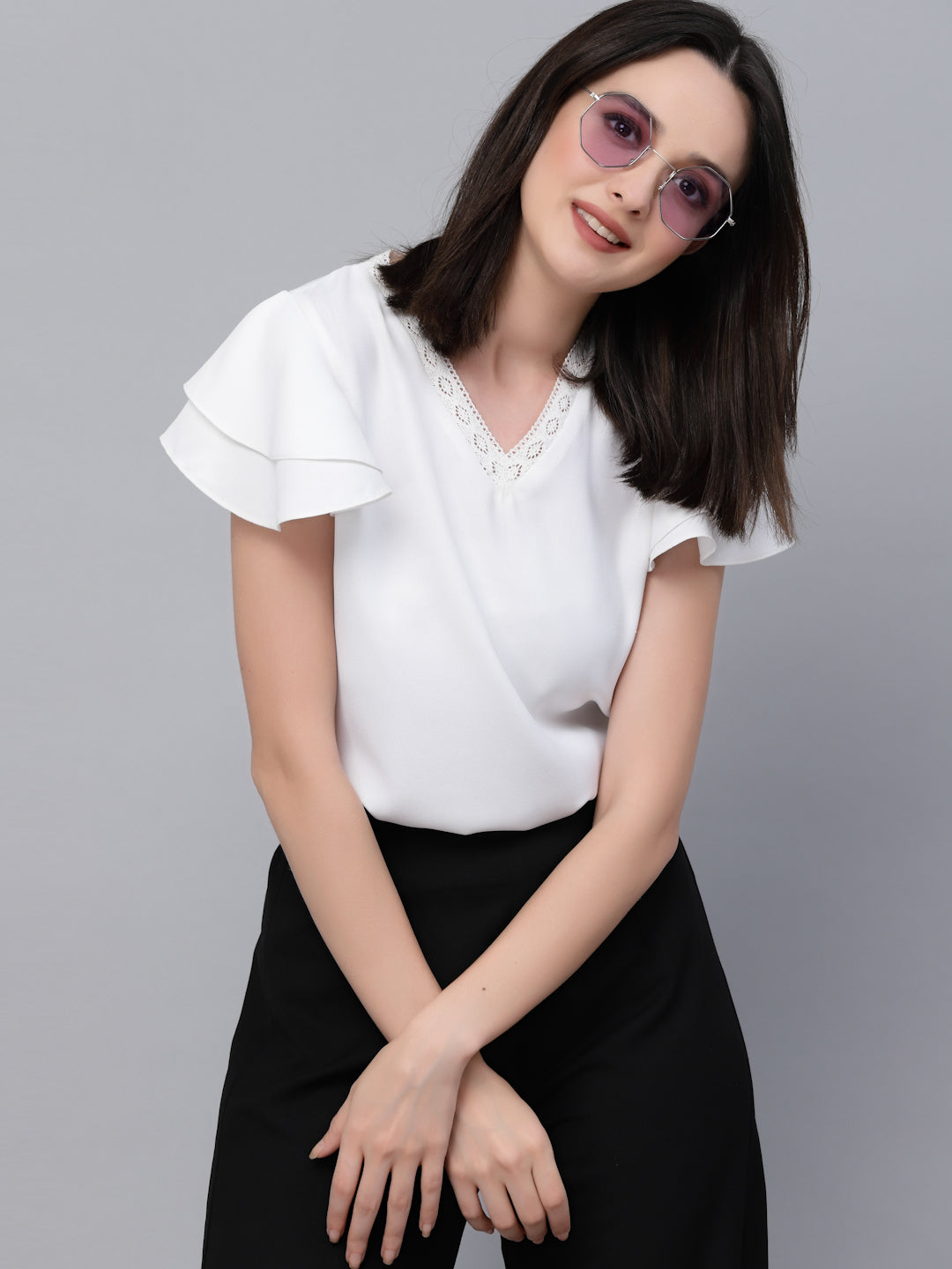 Style Quotients Women White Solid Polyester Smart Casual Top-Tops-StyleQuotient