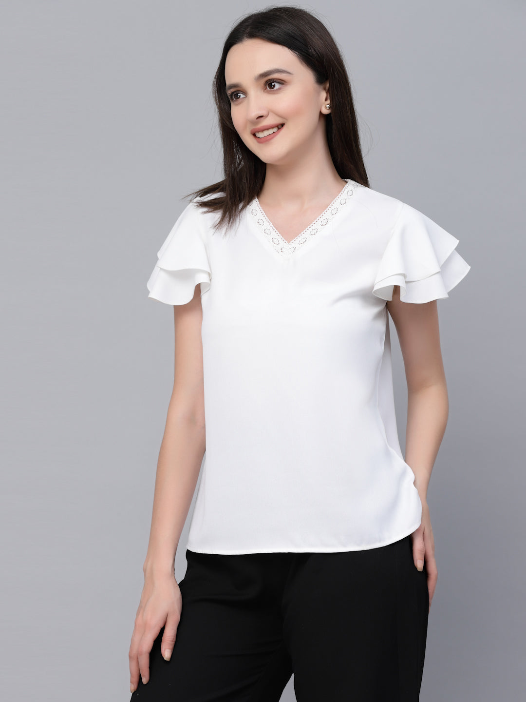 Style Quotients Women White Solid Polyester Smart Casual Top-Tops-StyleQuotient