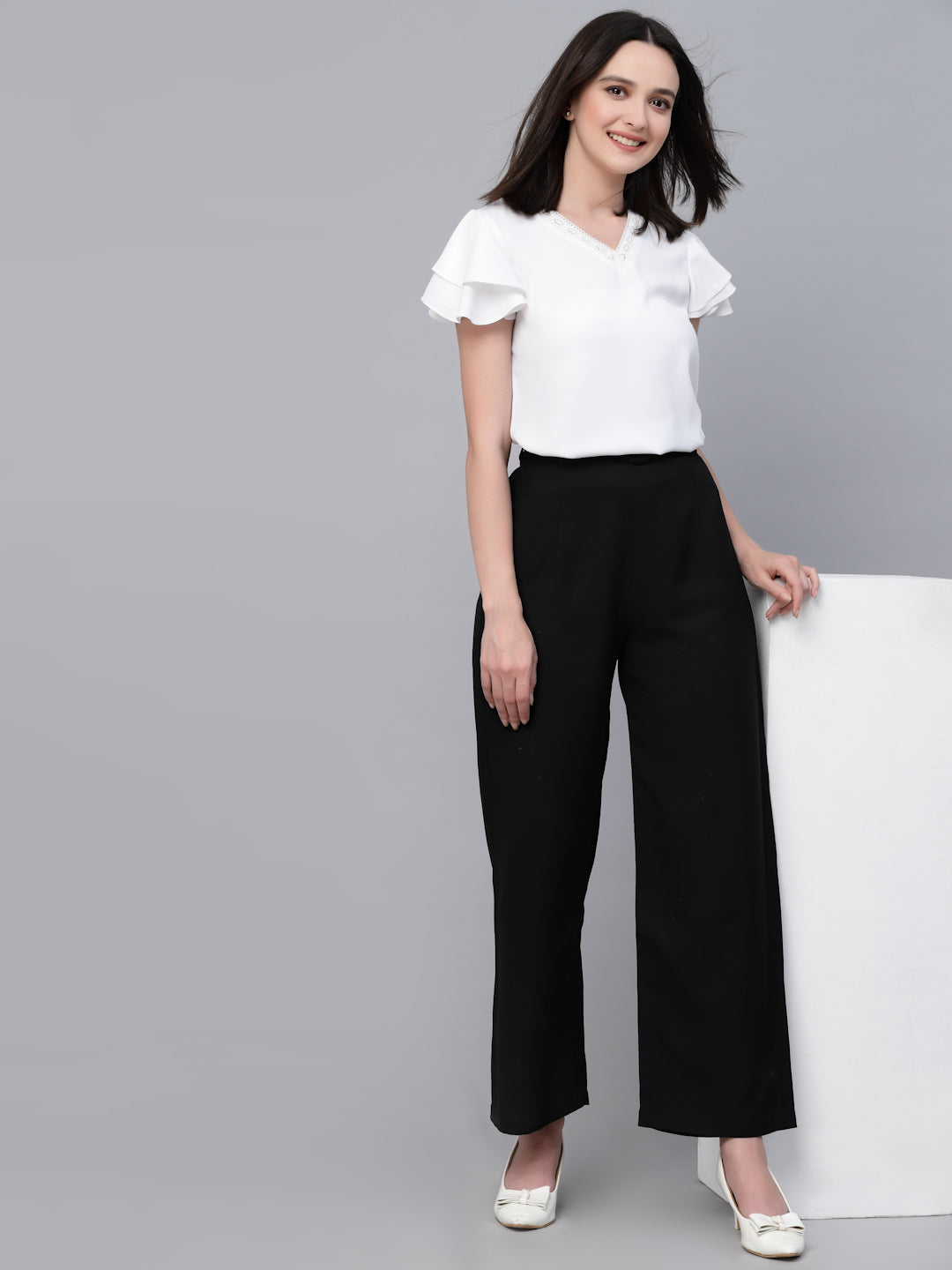 Style Quotients Women White Solid Polyester Smart Casual Top-Tops-StyleQuotient