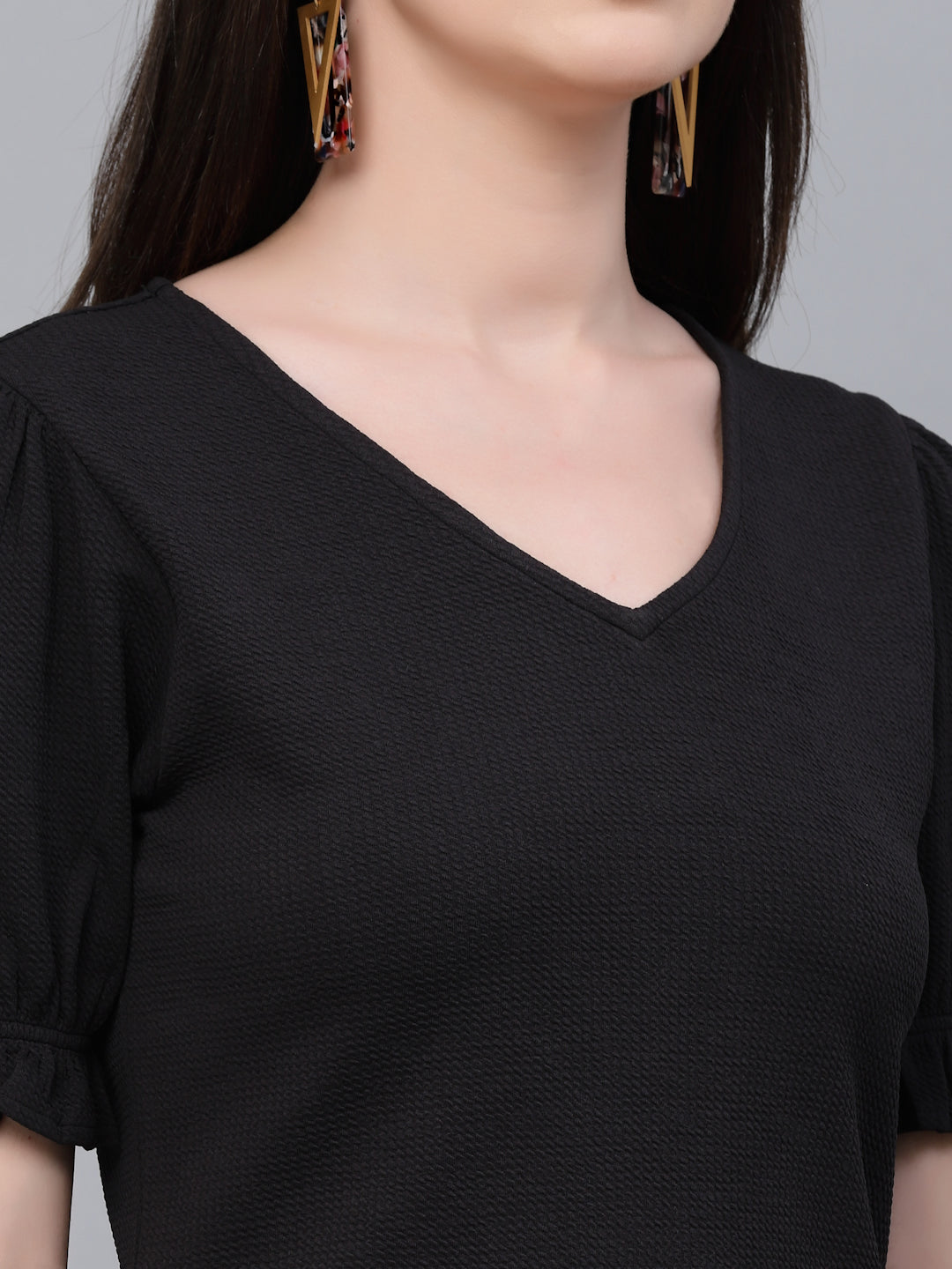 Style Quotient Women Black Poly Knit Smart Casual Short Sleeve Top-Tops-StyleQuotient