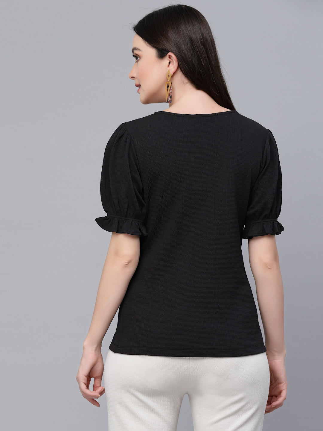 Style Quotient Women Black Poly Knit Smart Casual Short Sleeve Top-Tops-StyleQuotient