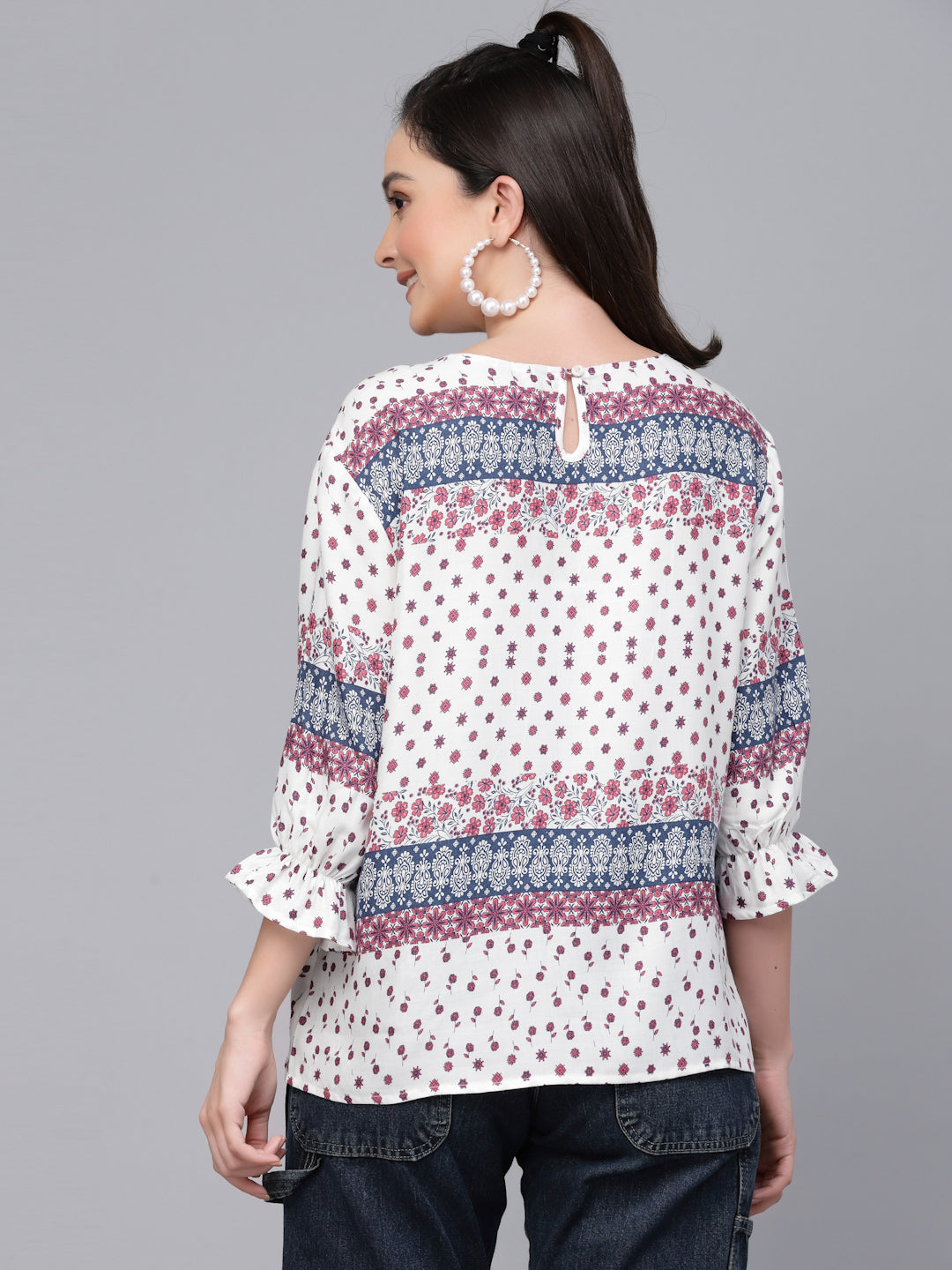 Style Quotient Women White And Blue Floral Rayon Regular Smart Casual Top-Tops-StyleQuotient