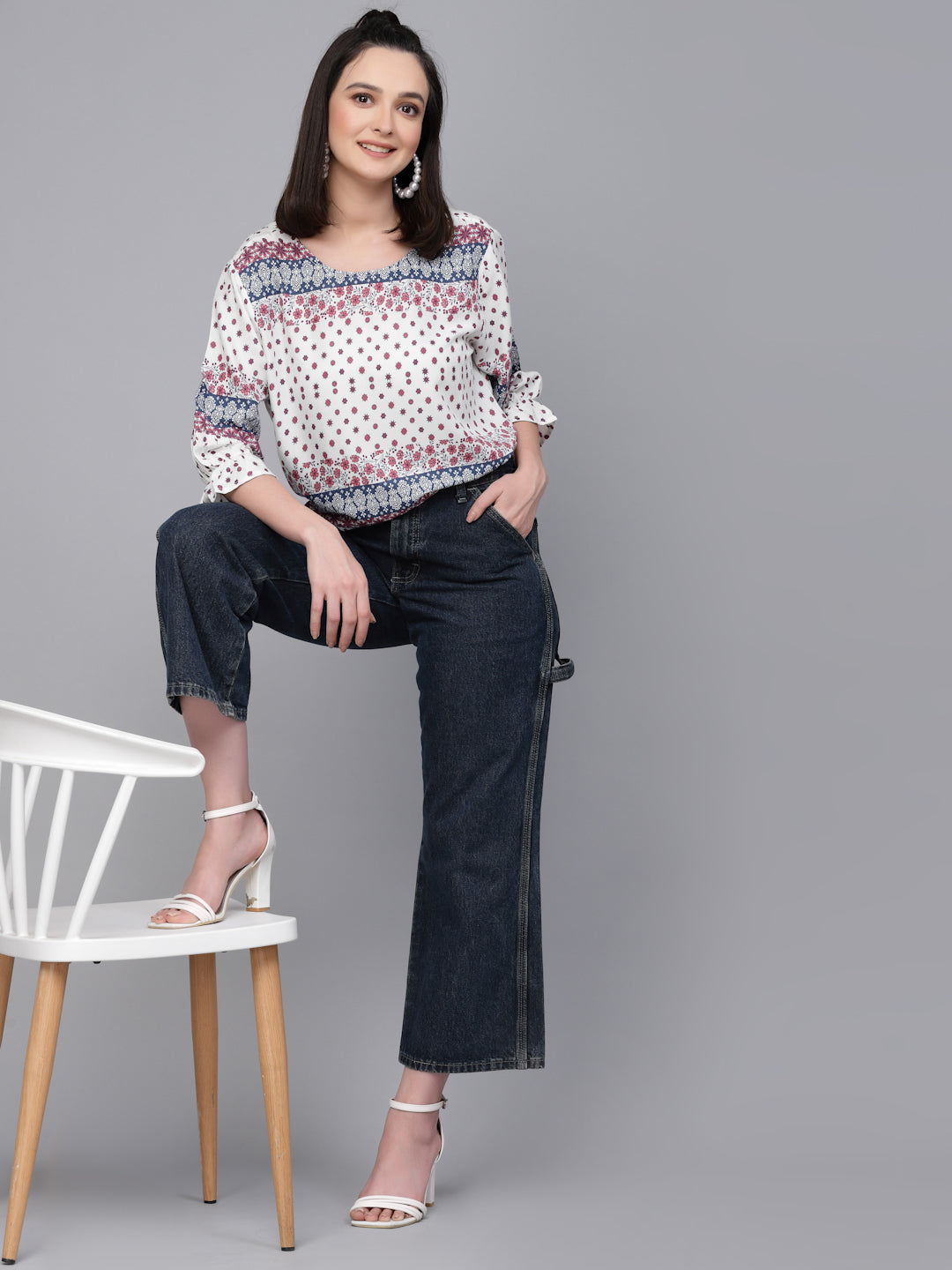 Style Quotient Women White And Blue Floral Rayon Regular Smart Casual Top-Tops-StyleQuotient