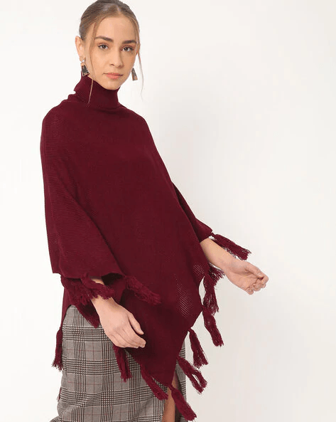 Women Maroon Solid Poncho-Sweaters-StyleQuotient